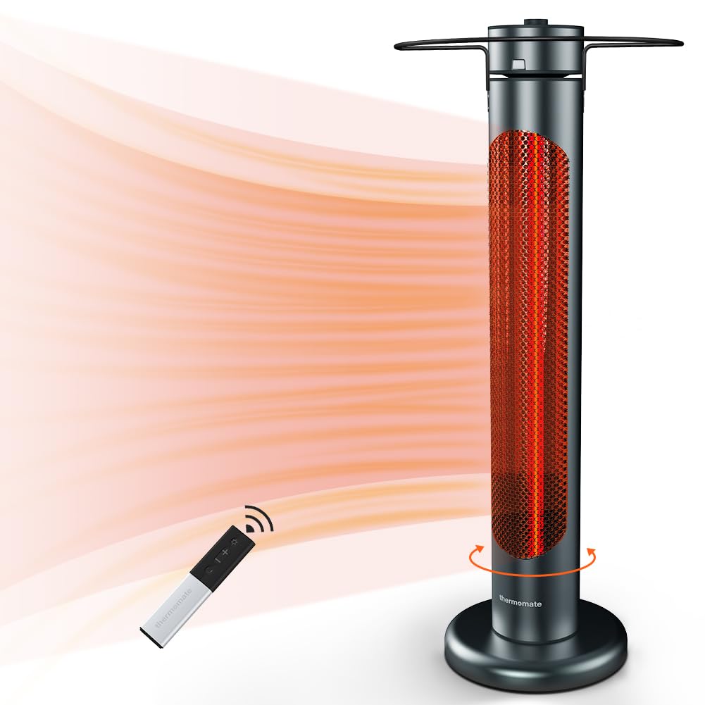 thermomate Electric Patio Heater, 1500W IP65 Outdoor/Indoor Infrared Heater with Remote, 8 Heating Levels 8-Hour Timer & Oscillation, Tip-over Protection for Garage Backyard Restaurant