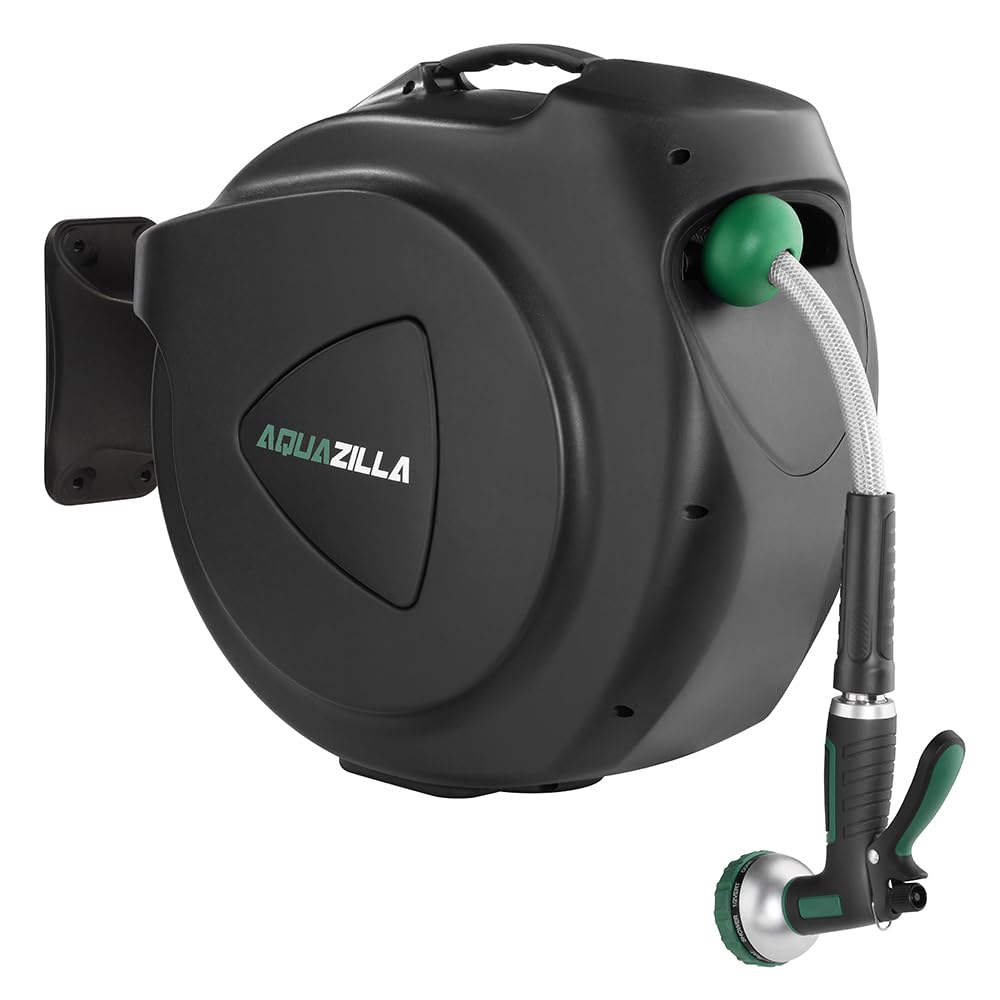 Retractable Garden Hose Reel, 120Ft x 1/2" Durable Wall Mounted Water Hose Reel with 180¡ãSwivel Bracket, 9 Pattern Sprayer, 6Ft leader hose, Smooth Automatic Rewind, Any Length Lock.