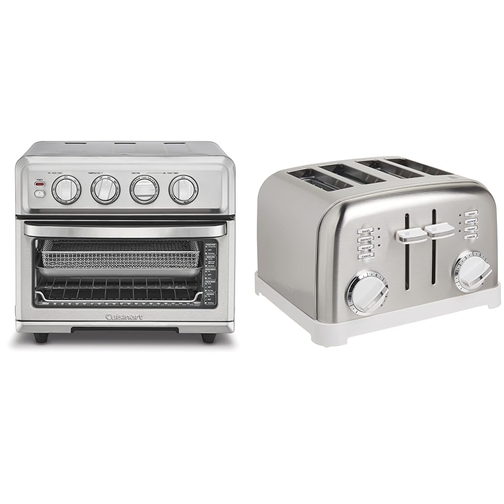 Cuisinart Air Fryer + Convection Toaster Oven, 8-1 Oven with Bake, Grill, Broil & Warm Options, Stainless Steel, TOA-70 & CPT-180WP1 4-Slice Metal Classic Toaster, White/Stainless Steel