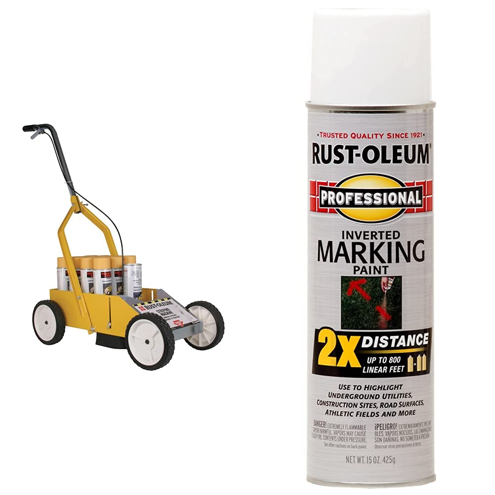 Rust-Oleum 2395000 High-Performance Striping Line Marking Machine, 9'' x 27.5'', Yellow & 266593-6PK Professional 2X Distance Marking Spray Paint, 15 Oz, White, 6 Pack