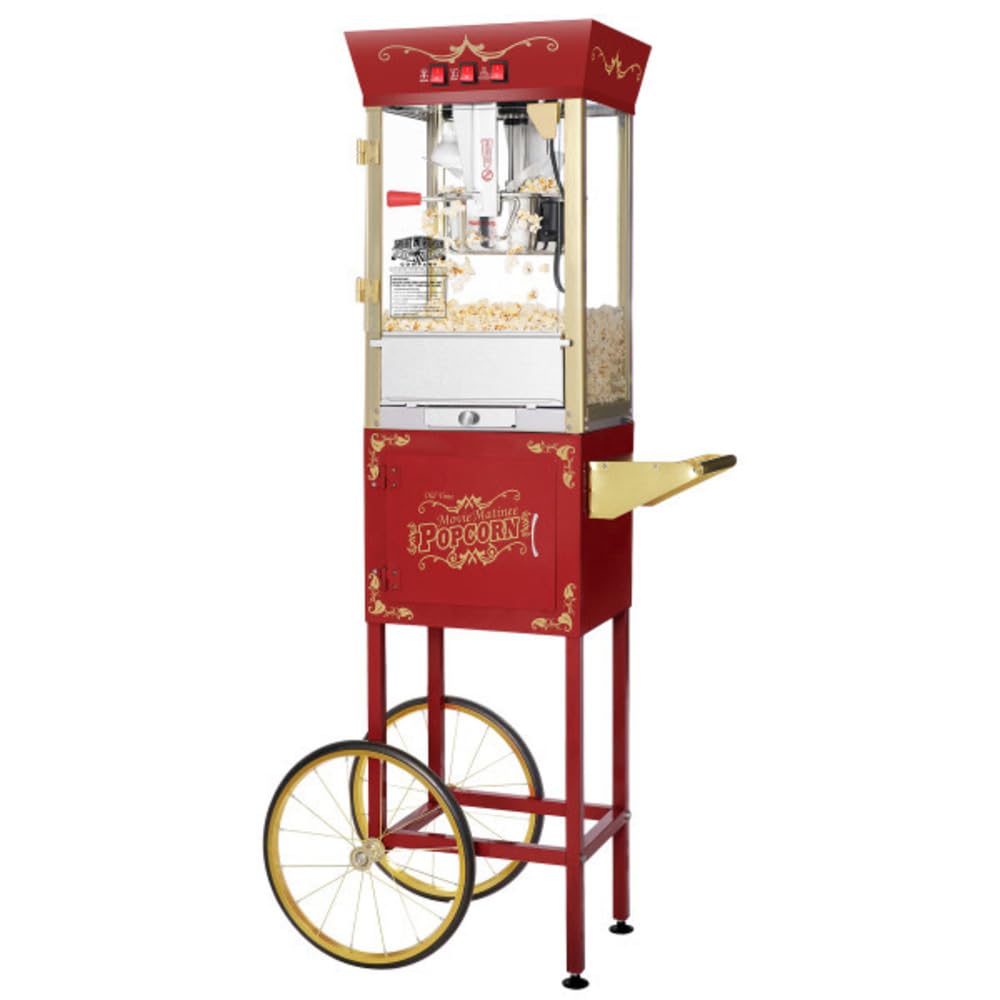 Matinee Popcorn Machine with Cart - 8oz Popper with Stainless-Steel Kettle, Warming Light, and Accessories by Great Northern Popcorn (Red)