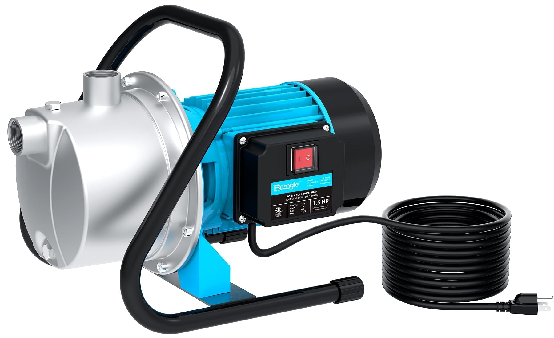 BOMGIE 1.5HP Water Transfer Pump,1200GPH Shallow Jet Well Pump,Extended 13FT Power Cord Portable Sprinkler Booster Pump,Irrigation Lawn Fountain Pool Draining Self Priming Transfer Pumps
