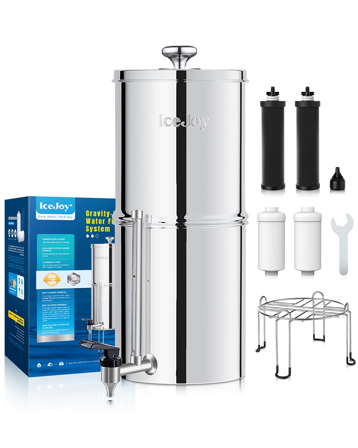 IceJoy 8-Stage Gravity Water Filtration System 3.0 Gallon - 304 Stainless Steel Countertop System with 4 Filters and Stand, Reduce 99.9% Chlorine, NSF/ANSI 42 Certification