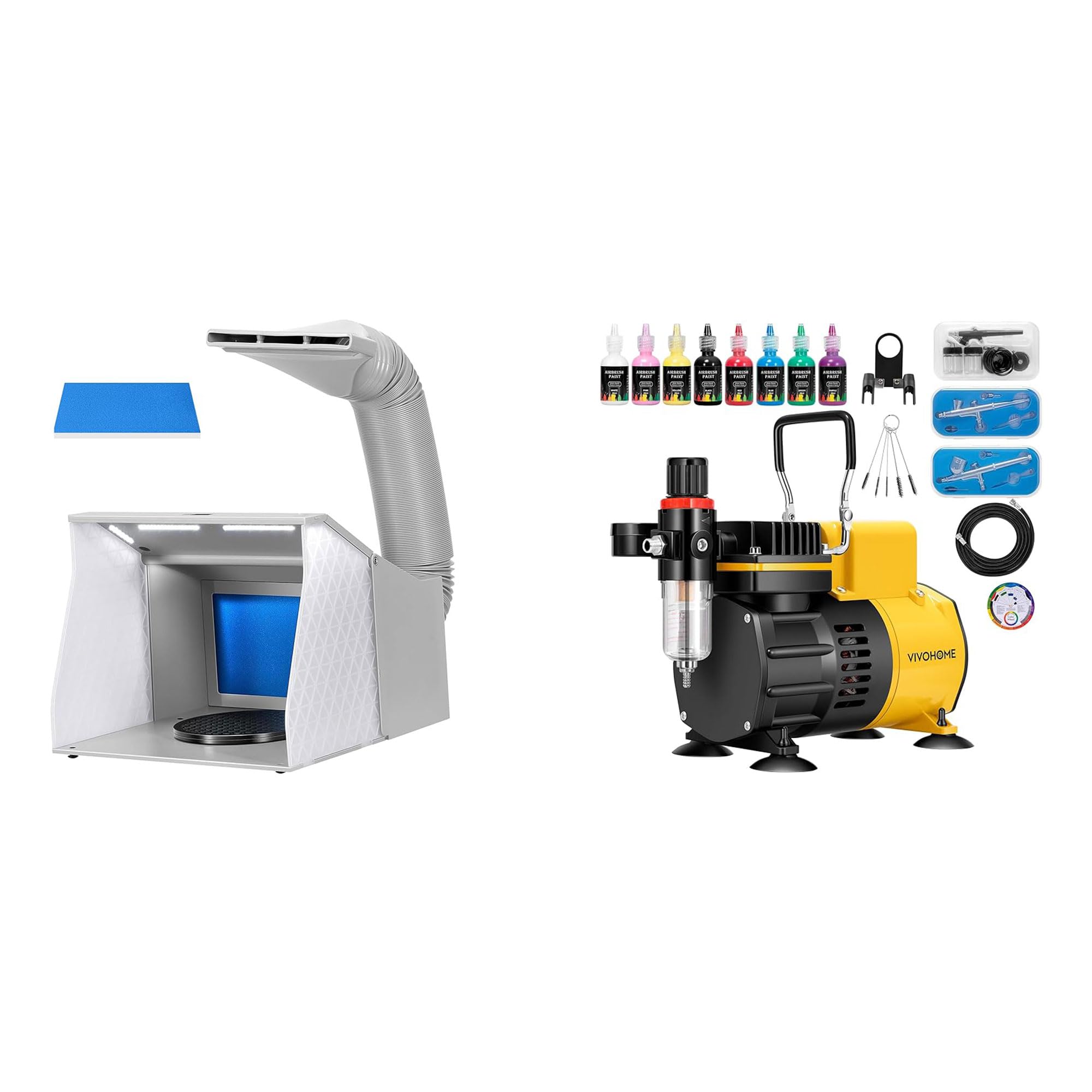 VIVOHOME Dual Fans Airbrush Paint Spray Booth with 4 LED Lights Turn Table and Filter Hose with VIVOHOME Airbrush Kit with Dual Fan Air Compressor and 3 Dual Action Airbrush Gun