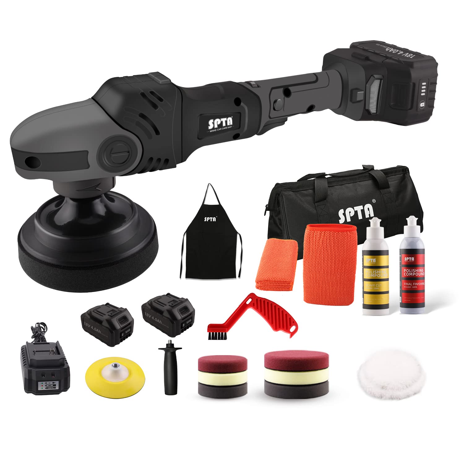 SPTA Buffer Polisher, 18V Cordless Rotary Polisher, 4Inch & 5Inch Car Polisher with 7 Variable Speed 2Pcs 4.0Ah Battery, 2 Backing Plate, 6 Polishing Pads, 2 Wool Pads for Car Polishing and Waxing