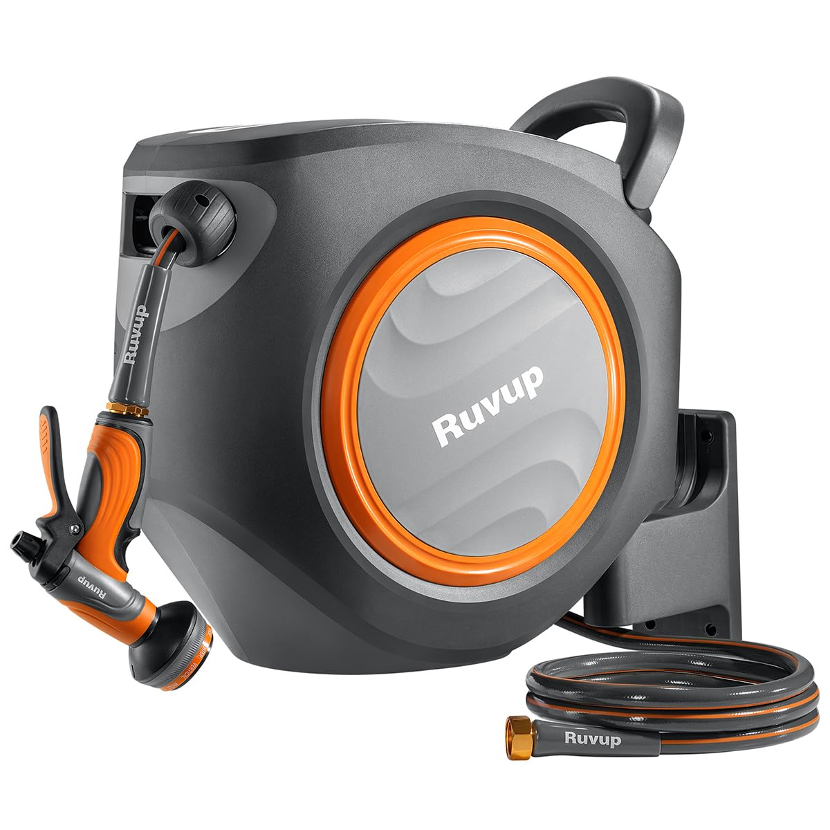 Ruvup Retractable Garden Hose Reel,1/2in x 150ft Water Hose Reel with Metal Bracket, UV Resistant Automatic Hose Reel Wall Mount for Outside, Slow Retraction Any Length Lock 10 Spray Nozzle