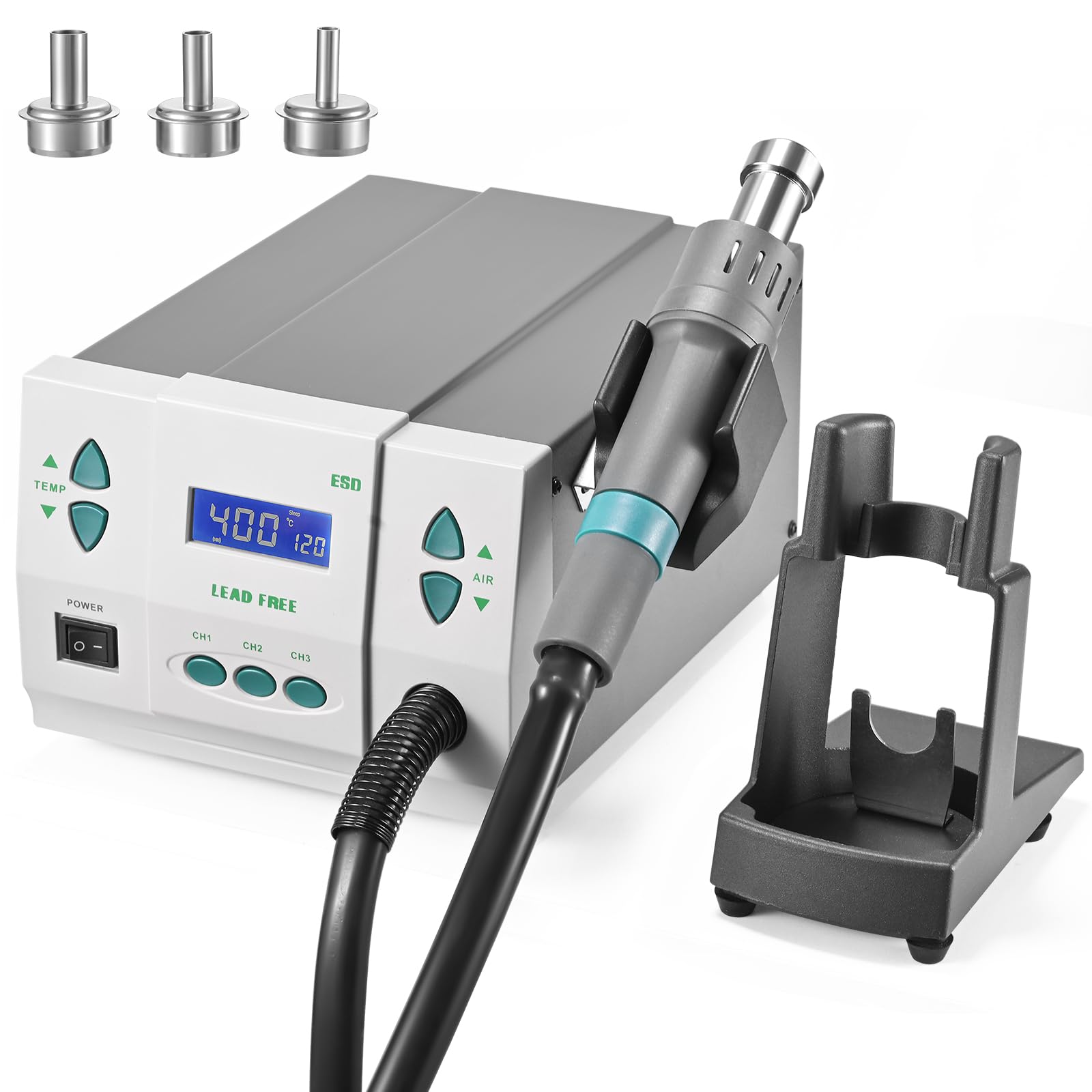 Soiiw 110V 861DW Hot Air Rework Station 1000Watt Heat Gun Soldering Station Brushless DC Vortex Blower for Miro Soldering Rework,Large LCD Screen Display with 3pcs Free Nozzles