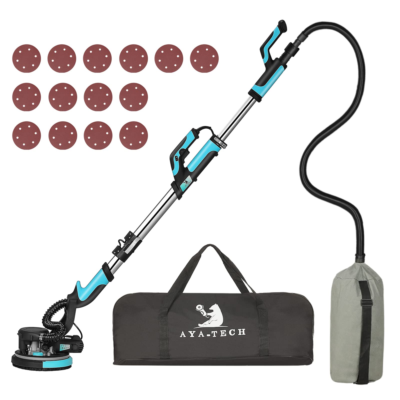 Drywall Sander, Pole Electric Drywall Sander with Vacuum, 750W 6.5A Popcorn Ceiling Removal Tool Machine 7 Variable Speed Patented Fixture for Ceiling 13FT Power Cable, 14 Pcs Sanding Discs