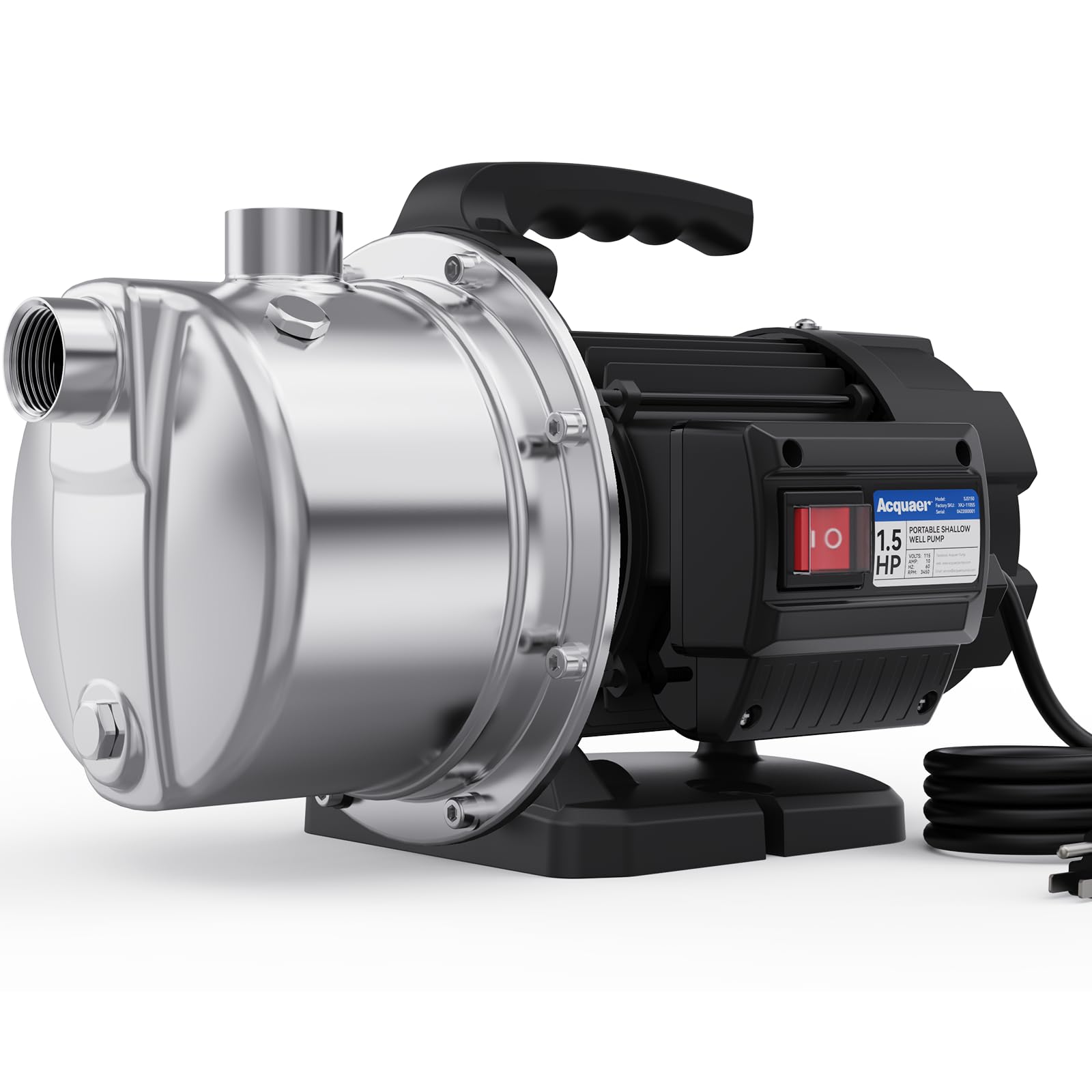 Acquaer 1.5 HP Portable Shallow Well Pump Garden Pump, Stainless Steel, 1210 GPH, 115V Sprinkler Pump Water Transfer Draining Irrigation Pump for Water Removal and Lawn Garden