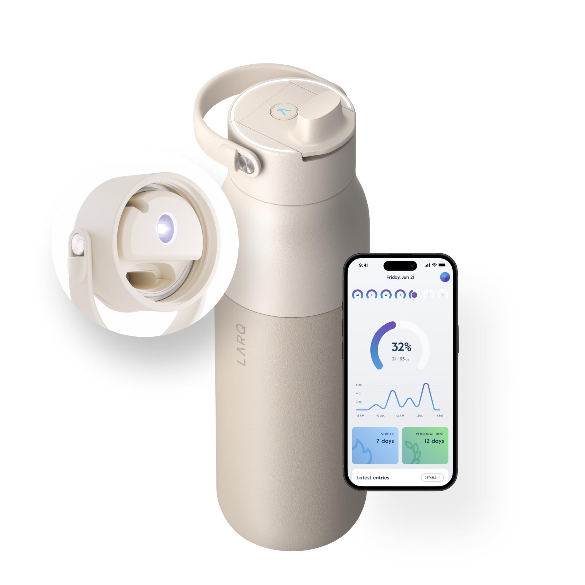 LARQ Bottle PureVis 2 23 oz - UV Water Purifier with Self-Cleaning, App Hydration Tracking, Filter Straw, Detachable Handle, Double-Wall Insulated, Mojave Dune