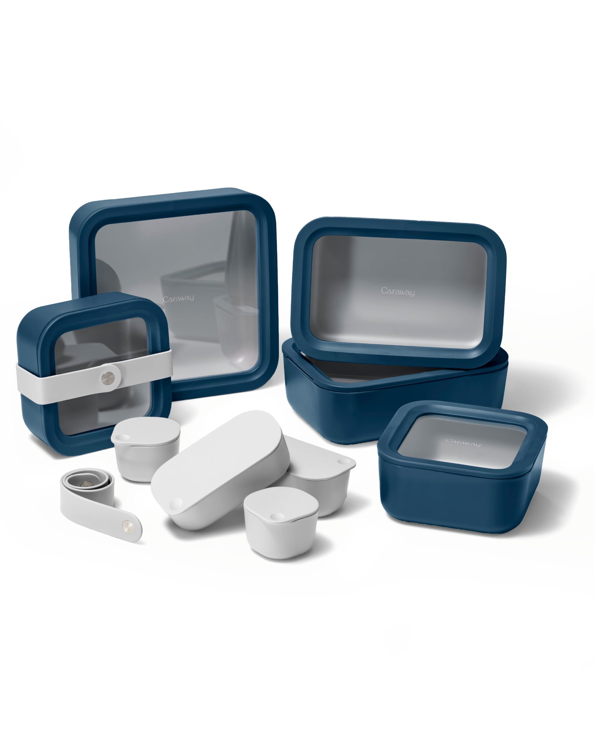 Caraway 14pc Glass Food Storage Container Set - Easy to Store, Non Toxic Lunch Box - with Glass Lids - Includes Storage Organizer & Dot & Dash Inserts - Navy