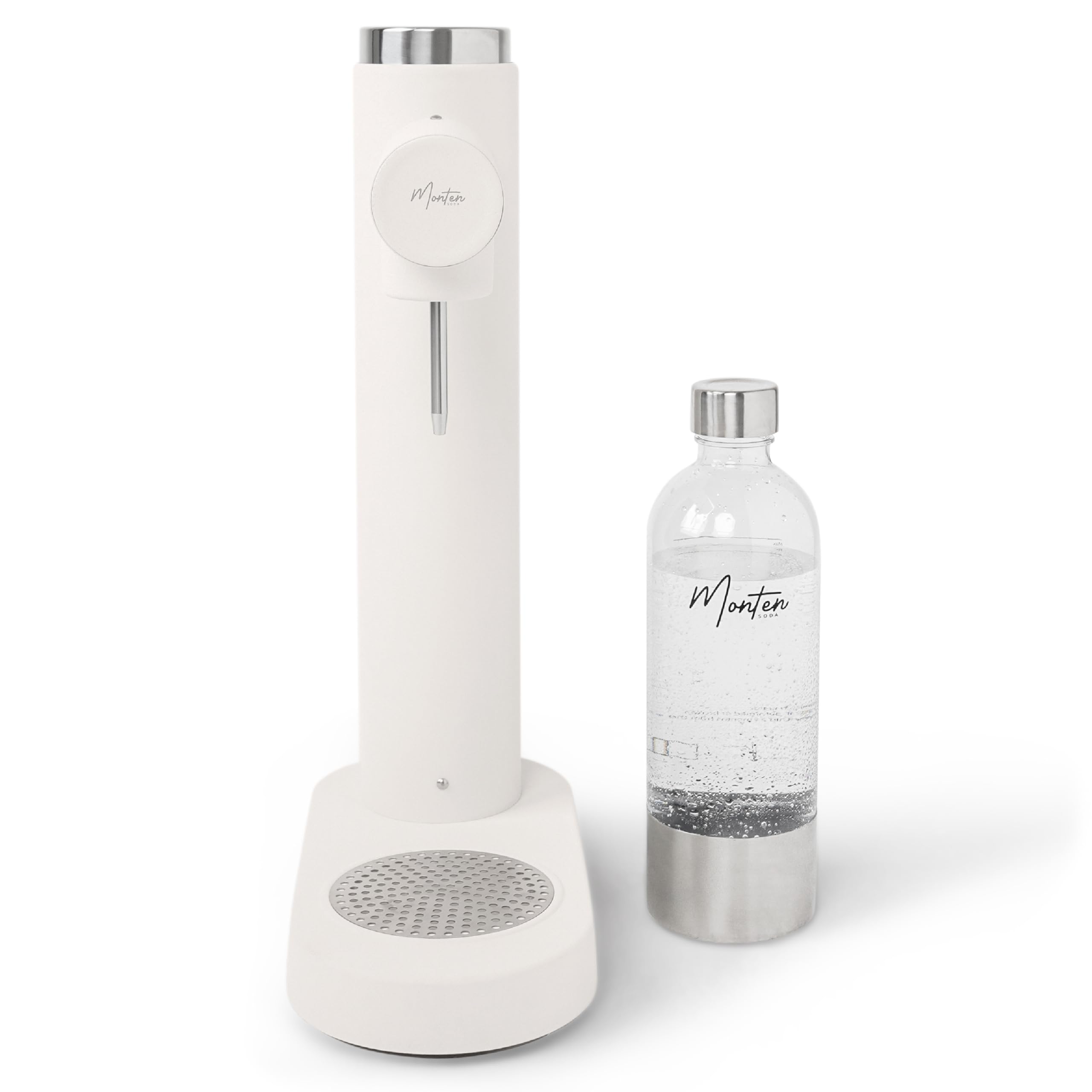 MonTen Soda Sparkling Water Maker - Matte White Carbonated Water Machine - Includes 900ML Bottle - Made with Premium Stainless Steel - Compatible with Screw-In Sodastream & Soda Sense CO2 Cylinders
