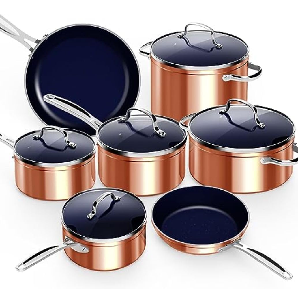 Nuwave 12pc Healthy Pots and Pan Set Non-Stick, Forged Lightweight Cookware Set, G10 Duralon Ceramic Coating, Vented Tempered Glass Lids, Induction-Ready & Works on All Cooktops, PFAS Free