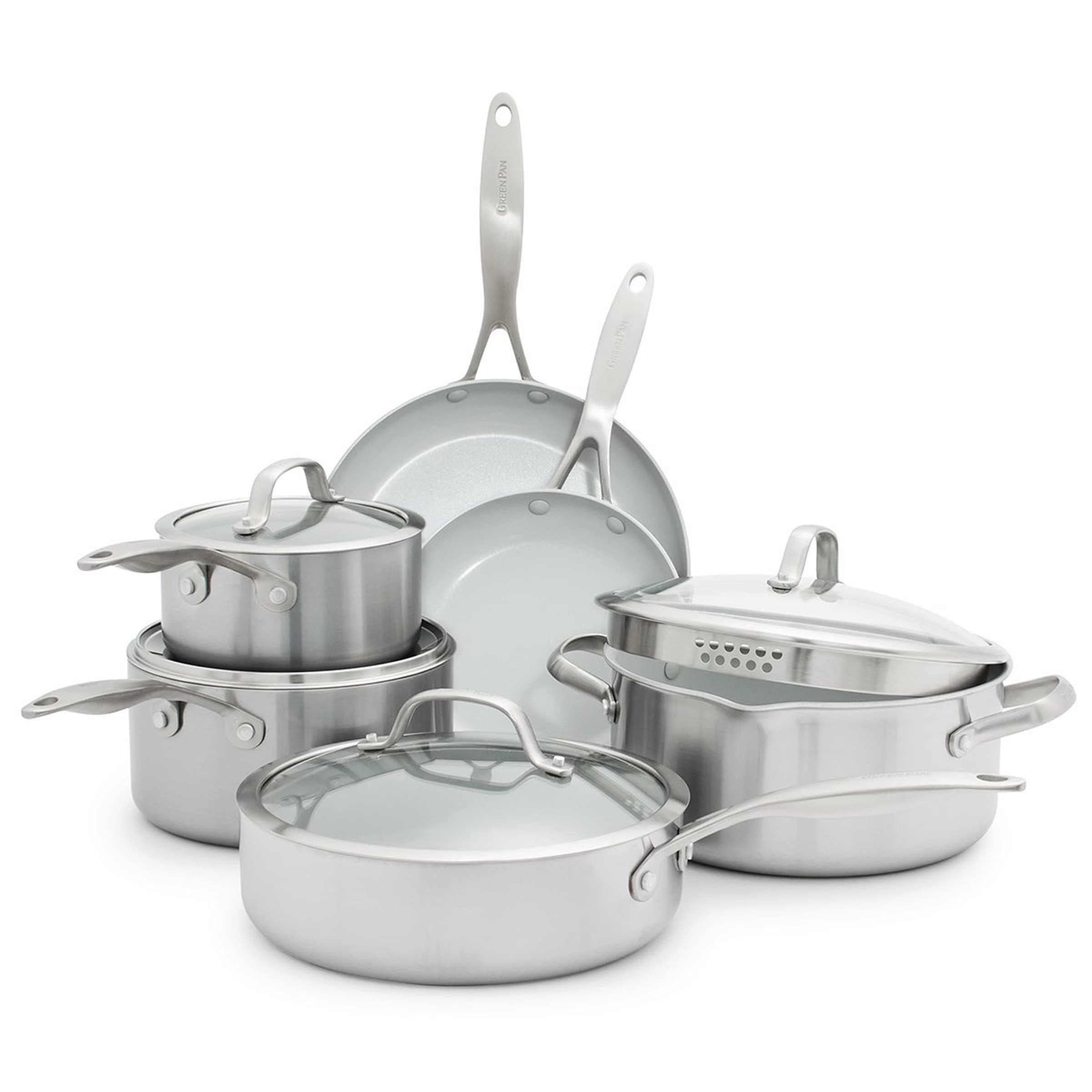 GreenPan Venice Pro 10 Piece Cookware Set, Stainless Steel Non-Toxic PFAS-Free with Ceramic Nonstick Coating, Induction Suitable, Glass Lids, Multi Clad, Dishwasher & Oven Safe, Silver