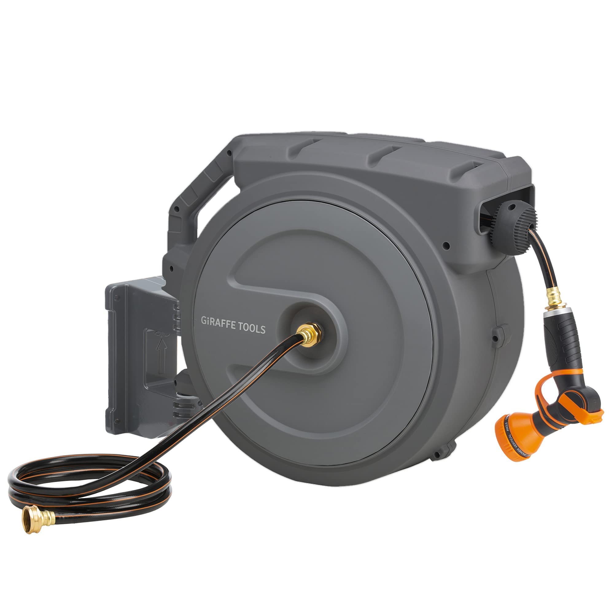 Giraffe Tools Metal Retractable Hose Reel 130 FT Wall Mounted Heavy Duty Hose Reel with 9 Pattern Nozzle 180 Deg Swivel, Metal Bracket Any Length Lock (1/2 130FT PRO, Dark Grey)