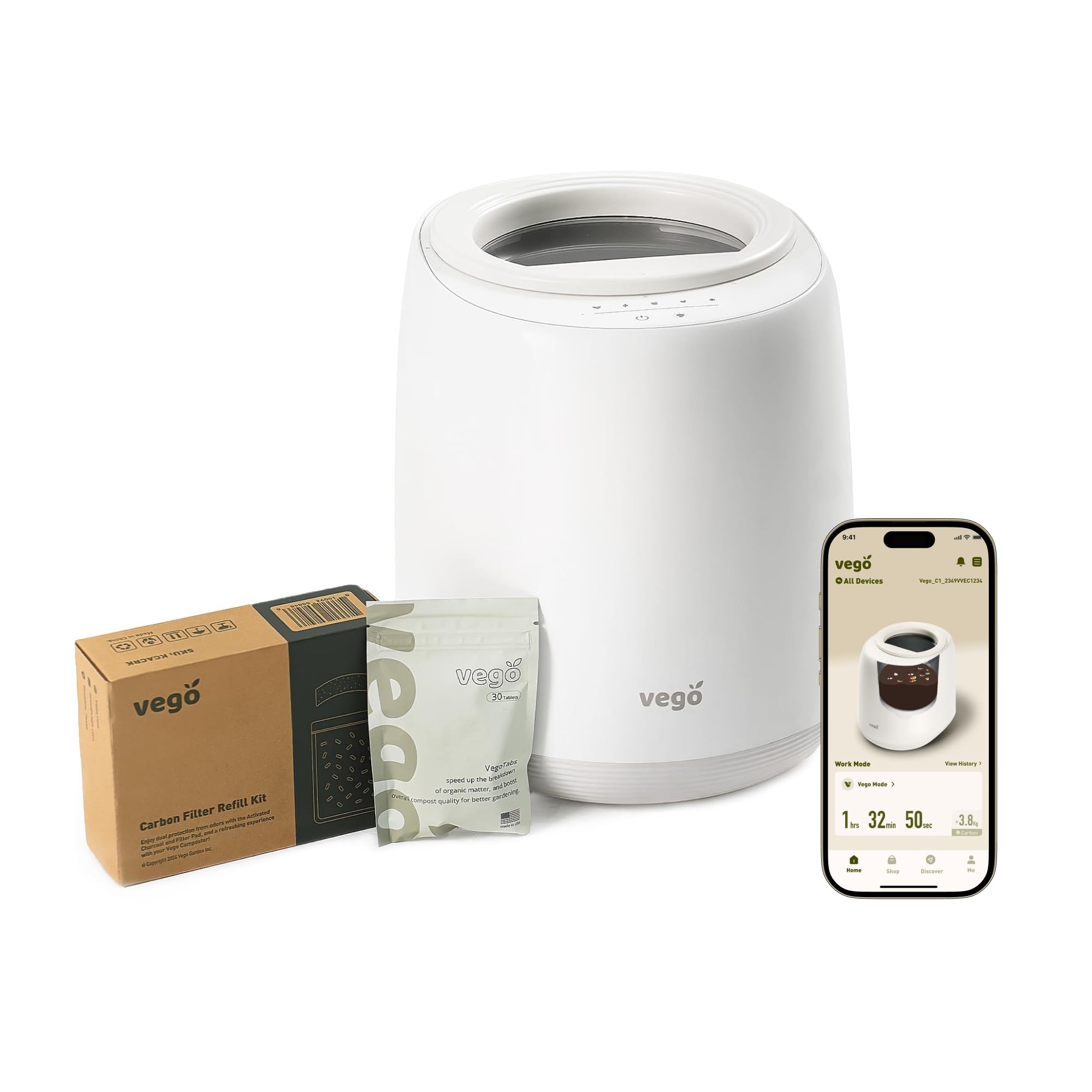 Vego Kitchen Composter, 4L Electric Composter Countertop 5 Modes Weight-Based Smart Compost Bin with App Odorless Auto-Cleaning Food Waste Compost Machine Indoor, White