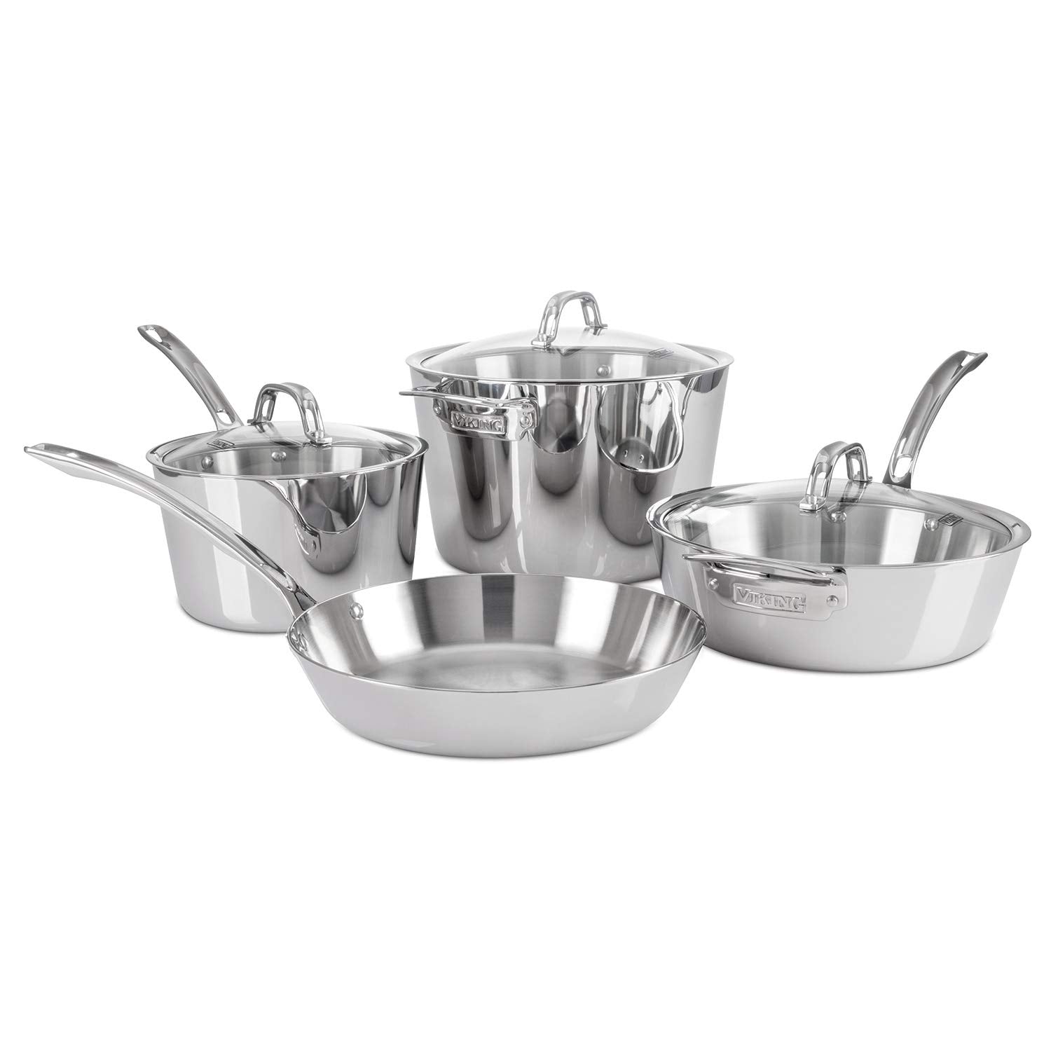Viking 3-Ply Pots and Pans Set, 7 Piece Stainless Steel Kitchen Cookware, Silver