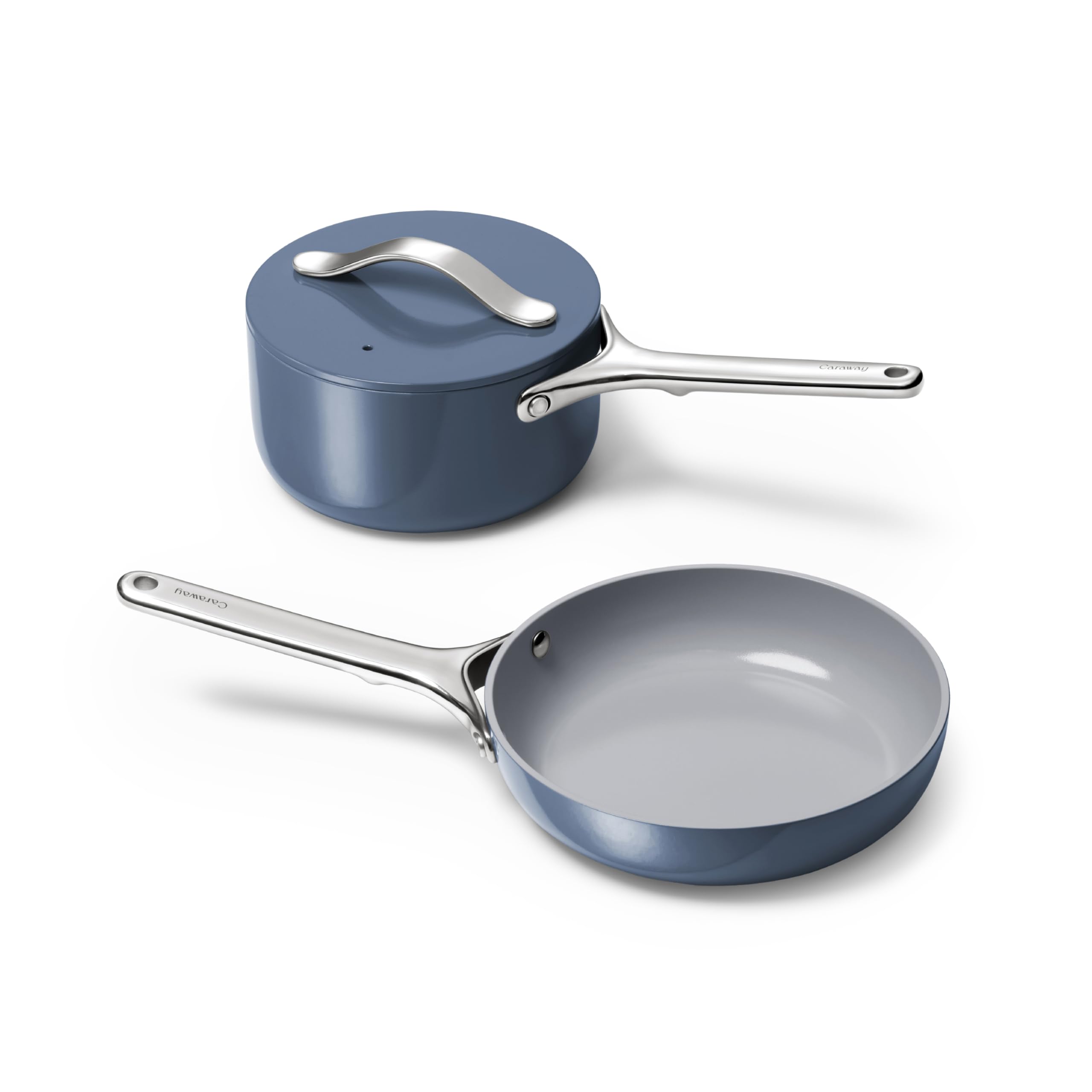 Caraway Mini Cookware Set - Non-Stick Ceramic Fry Pan (1.05 qt, 8") Sauce Pan (1.75 qt) & Storage Rack - Non Toxic, PTFE & PFOA Free - Oven Safe & Stovetop Agnostic (Gas, Electric & Induction) - Navy