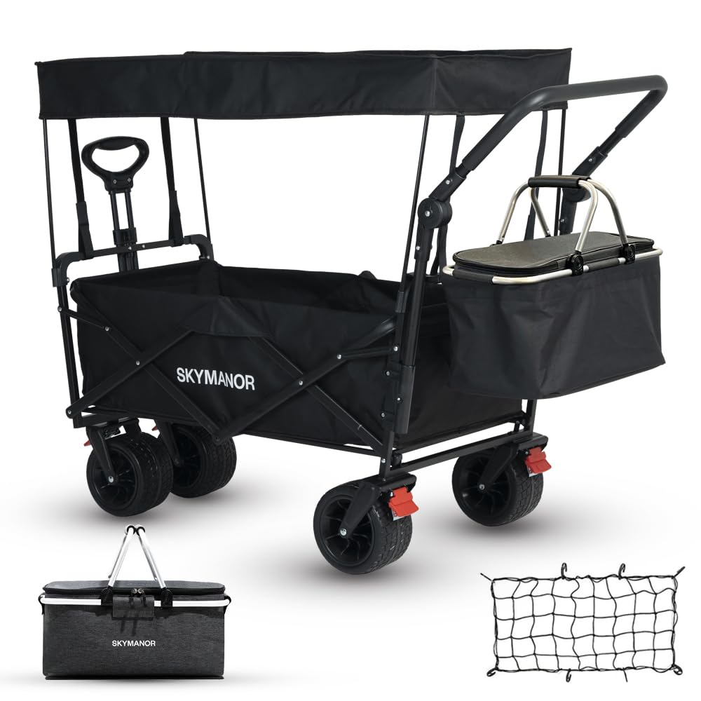 SKYMANOR Collapsible Wagon with Removable Canopy, 3-in-1 Heavy Duty Garden Cart with Big All-Terrain Wheels, Brakes, Adjustable Push Pull Handle, Cooler Bag, 300LBS Wagon Cart for Camping (Black)