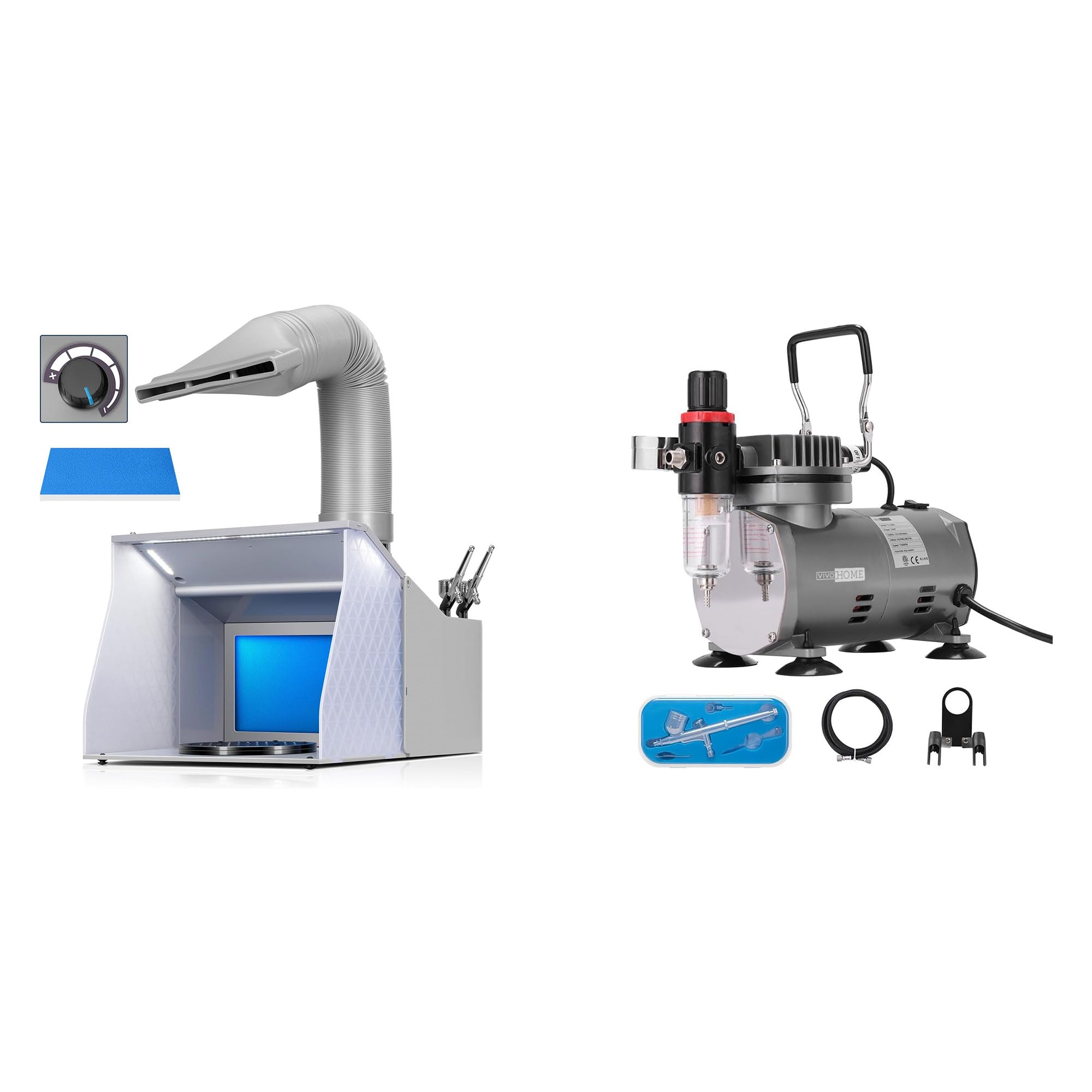 VIVOHOME Portable Airbrush Paint Spray Booth Kit with 4 LED Lights 95% Color Rendering Index, Spray Gun Racks, and VIVOHOME Airbrush Kit with 1/5 HP Air Compressor and 1 Dual Action Airbrush Kit