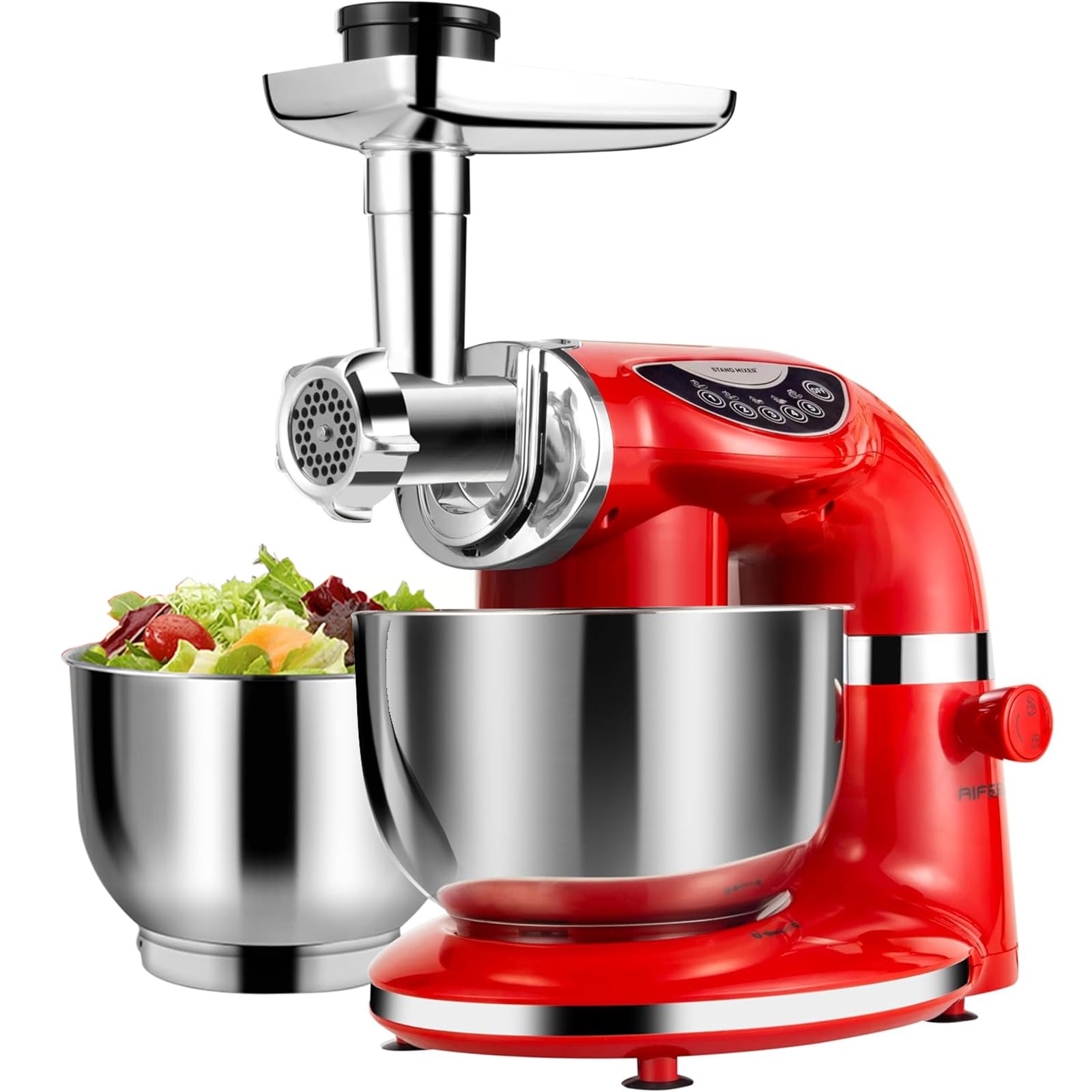 Aifeel Stand Mixer, 8.5QT+ 6QT Two Stainless Steel Bowls Electric Food Mixer, 7 in 1 Multifunctional Kitchen Mixer with Dough Hook, Whisk, Beater, Meat Grinder,Pasta & Cookie Maker-Red