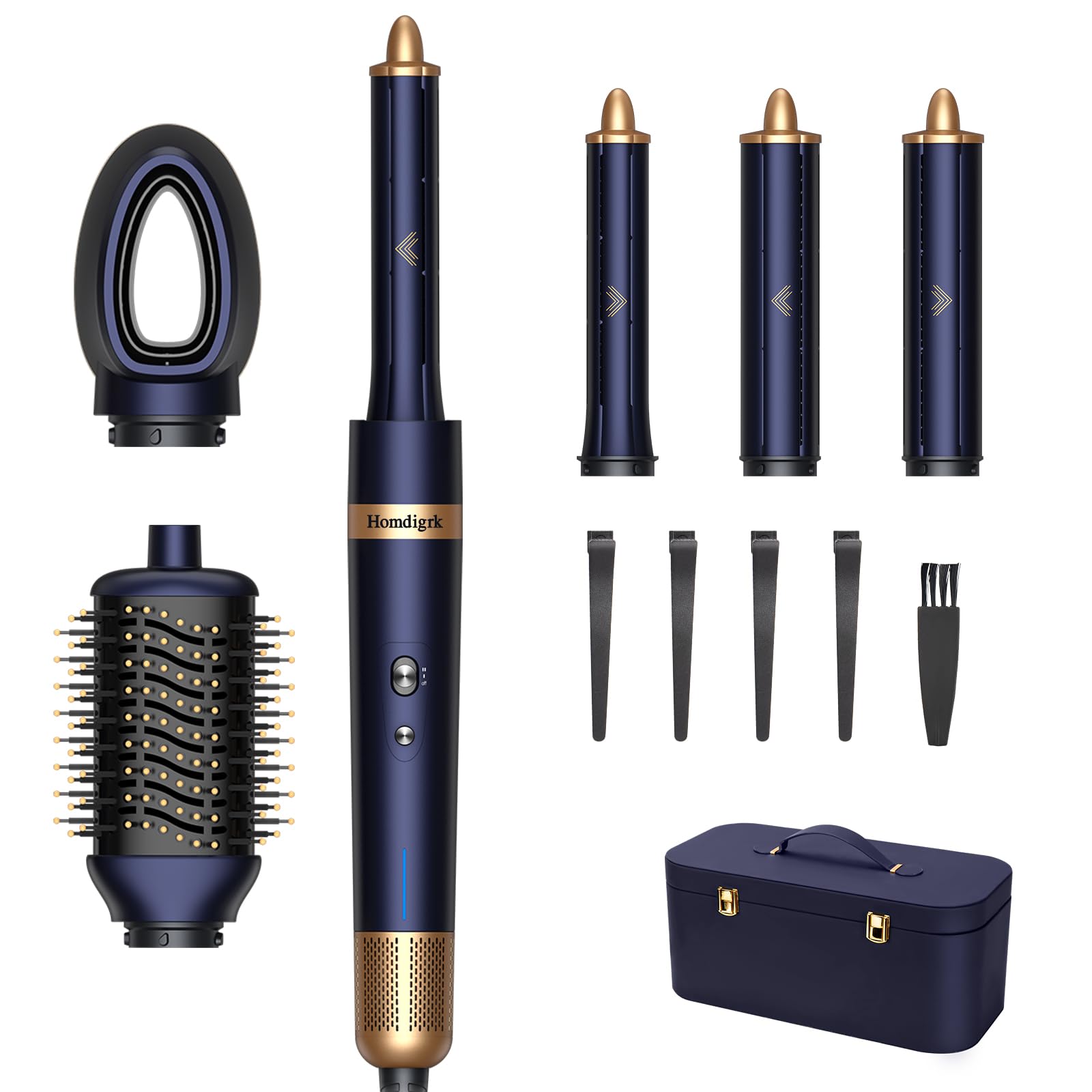 Homdigrk 6-in-1 Hair Dryer Brush & Curling Iron Set, Hot Air Styler Hair Curler for Fast Drying, Smoothing & Volumizing, No Heat Damage, Professional Blowout Tool with Travel Case - Prussian Blue