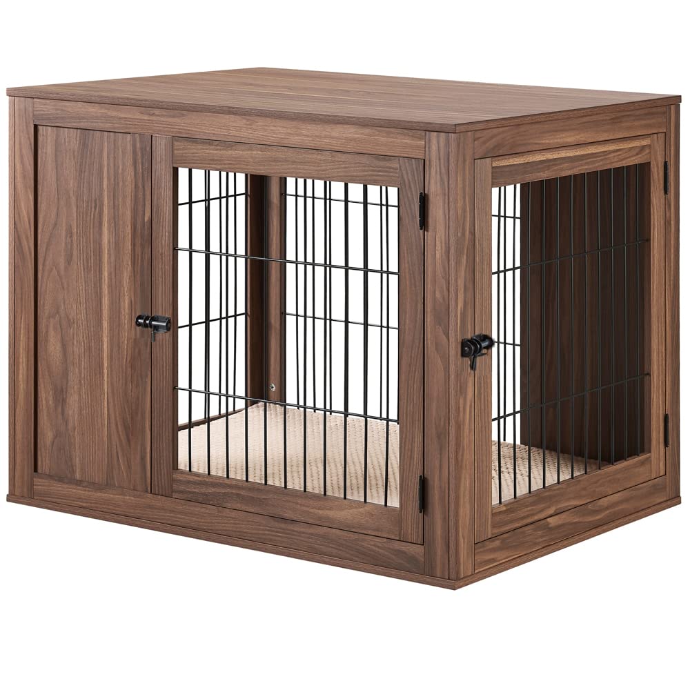 unipaws Furniture Style Dog Crate for Medium Large Dogs, Indoor Aesthetic Dog Stuff Kennel, Modern Decorative Wood Wire Pet House Dog Cage, Pretty Cute End Side Table Nightstand, Walnut