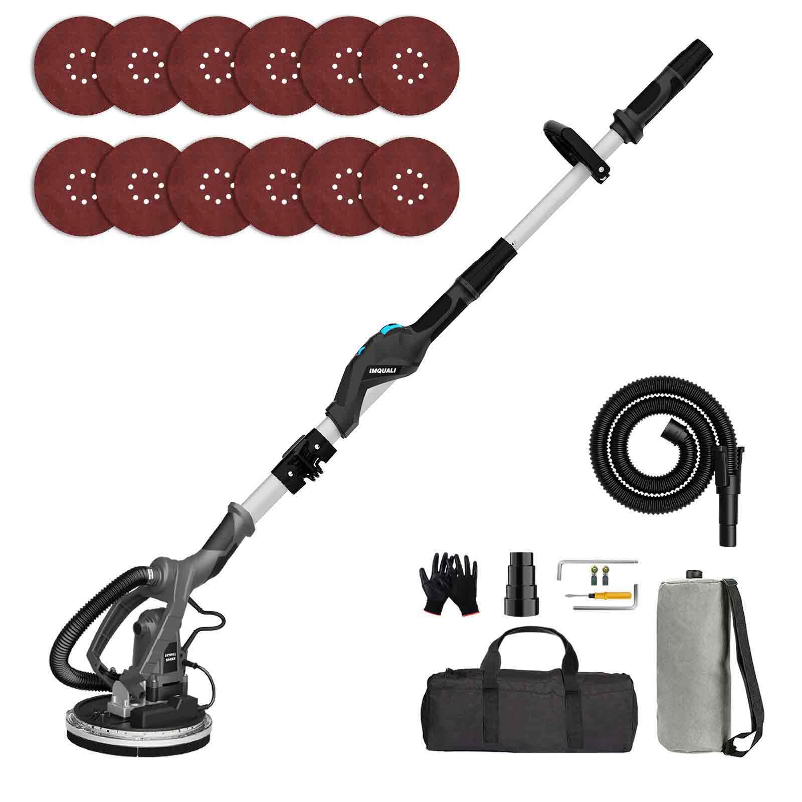 Drywall Sander with Vacuum, IMQUALI® 9.5A Electric Sander Tool with Variable Speed 600-2600RPM, Popcorn Ceiling Removal Tool with Extendable Handle, LED Light, 12pcs Sanding Discs, Black, IMQ919