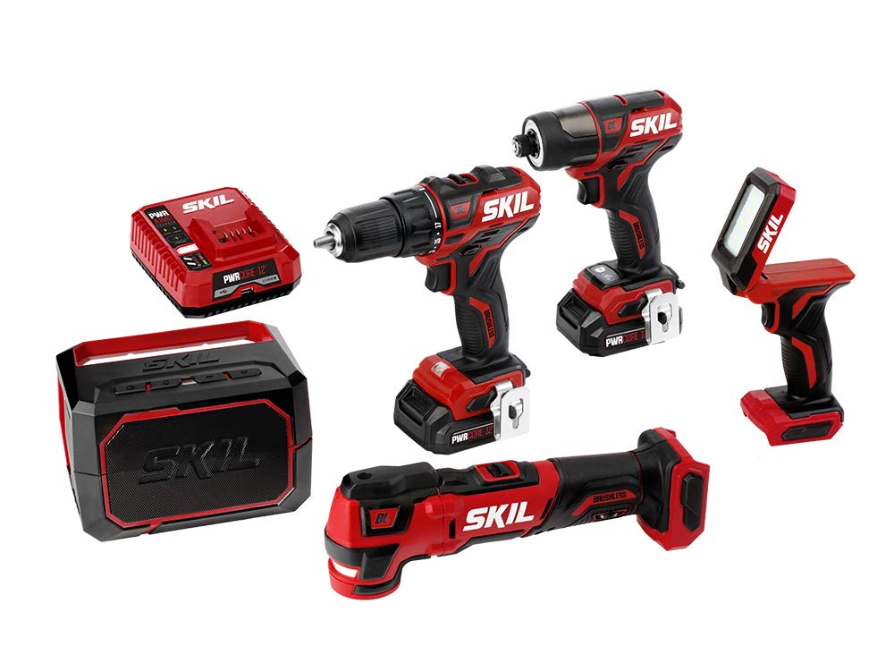 SKIL 5-Tool ComboKit: PWRCore 12 Brushless 12V Drill Driver, Impact Driver, Oscillating MultiTool, Area Light and Bluetooth Speaker, Includes Two 2.0Ah Lithium Batteries and PWRJump Charger - CB736801