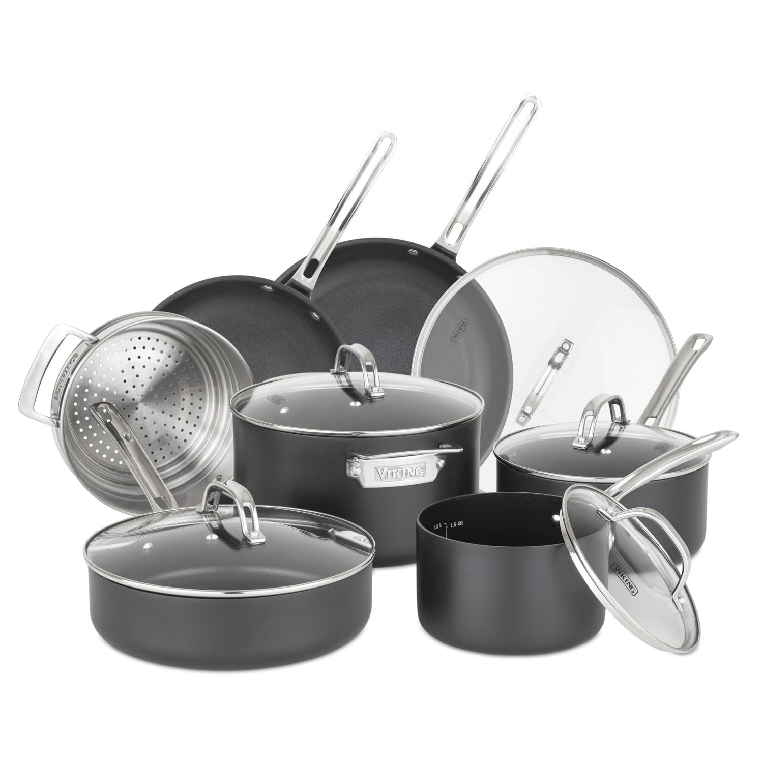 Viking Pots and Pans Set Non Stick, 12 Piece Hard Anodized Kitchen Cookware with Glass Lids, Black