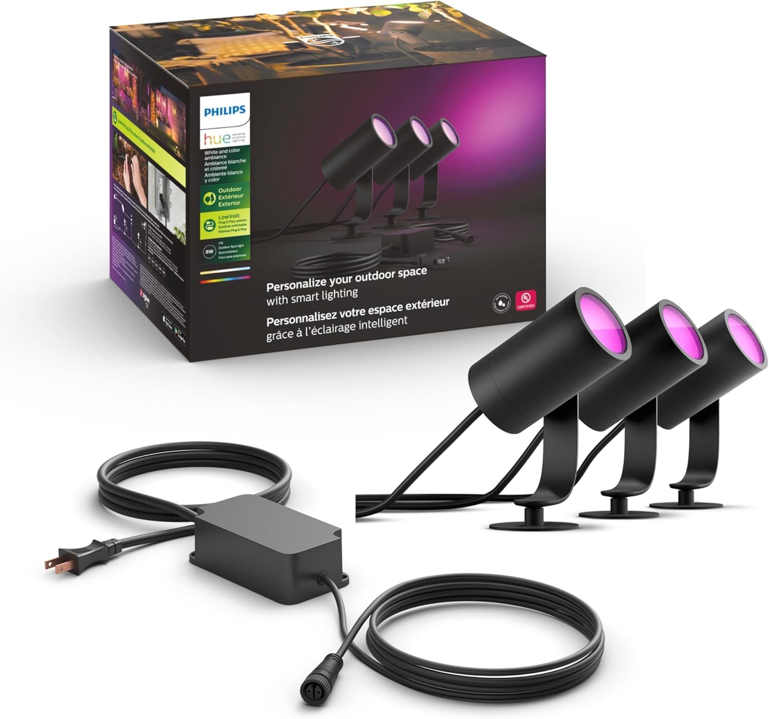 Philips Hue Lily Outdoor Smart Spot Light Base Kit - White and Color Ambiance LED Walkway Lights - Low Voltage Landscape Lighting - Requires Bridge - Control with App and Voice - Weatherproof - 3 Pack