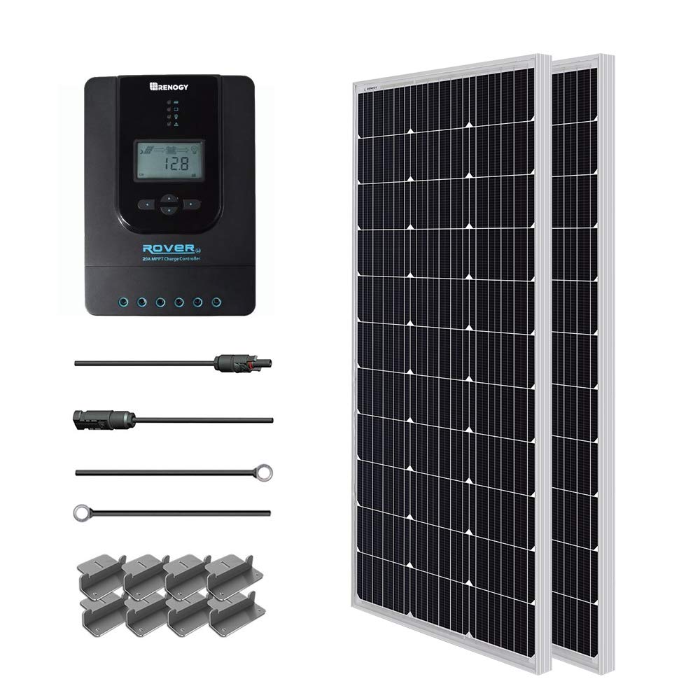 Renogy 200 Watt 12 Volt Monocrystalline Solar Panel Starter 20A Rover MPPT Charge Controller/Mounting Z Brackets/Tray Cable/Adaptor Kit for RV, Boats, Trailer, Camper, Marine,Off-Grid System, 200W