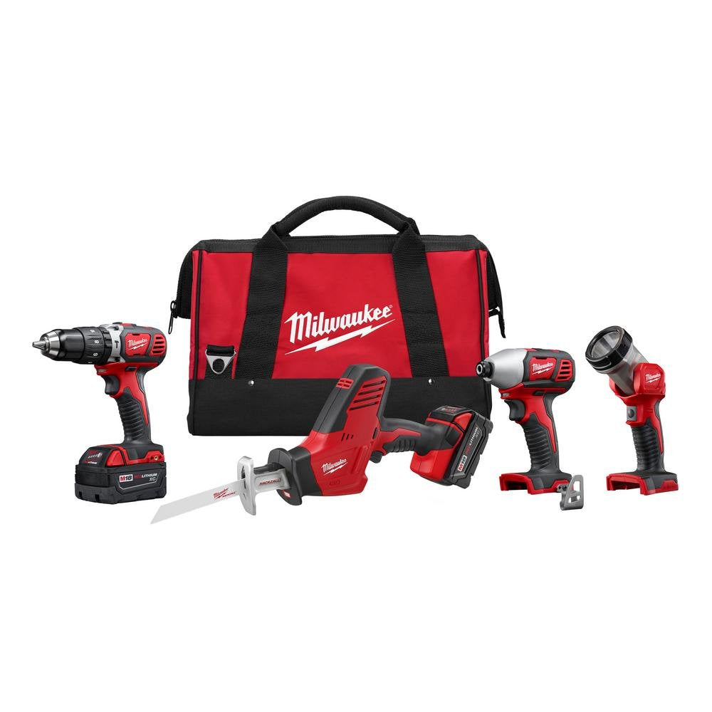 Milwaukee 2695-24 M18 18V Cordless Power Tool Combo Kit with Hammer Drill, Impact Driver, Reciprocating Saw, and Work Light (2 Batteries, Charger, and Tool Case Included)