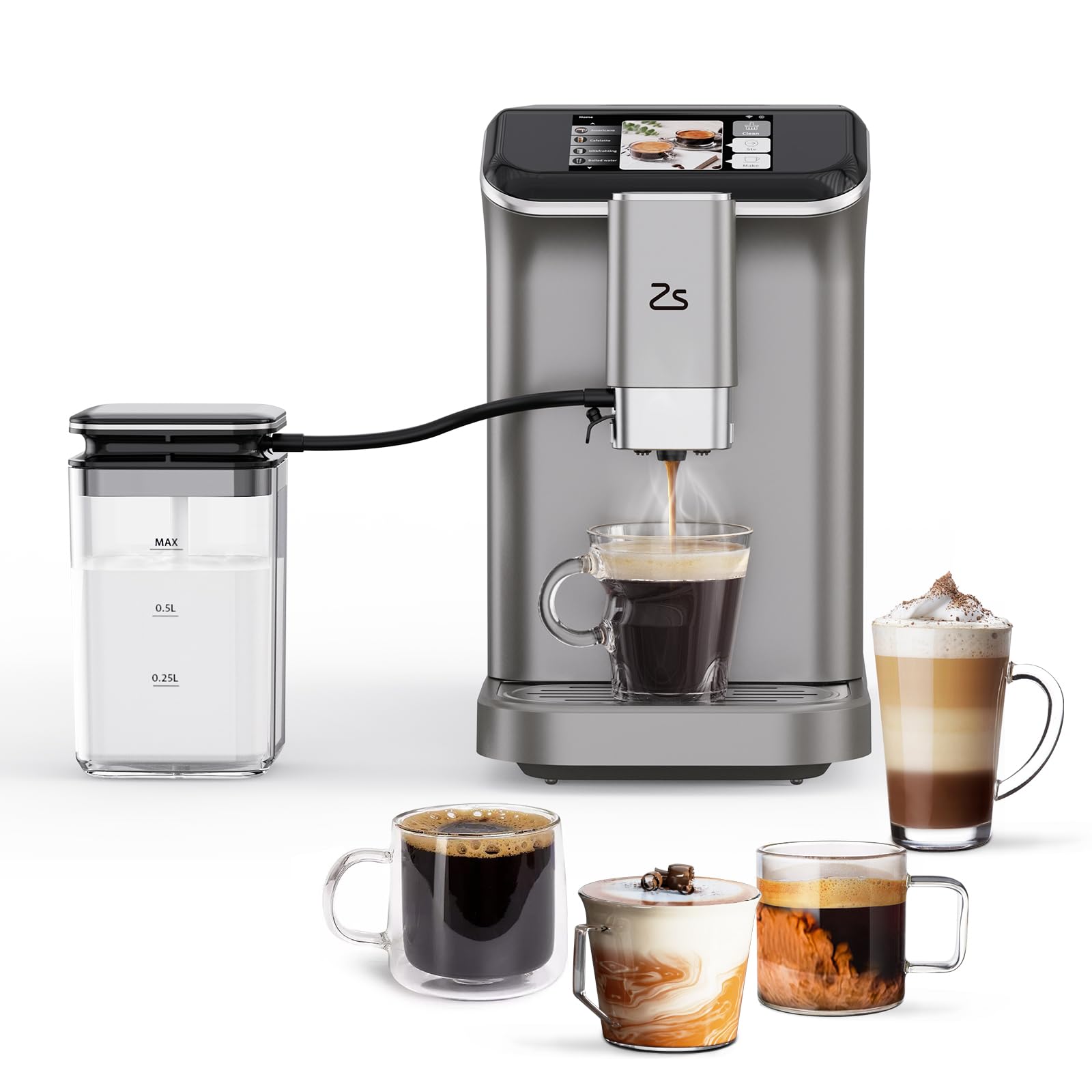 Takywep Fully Automatic Espresso Machine, 20 Bar Cappuccino Latte Machine With Optimized Frother and Convenient One-Touch Control Panel, Single/Double Shot, Removable Water Tank, Black + Sliver (Gray)