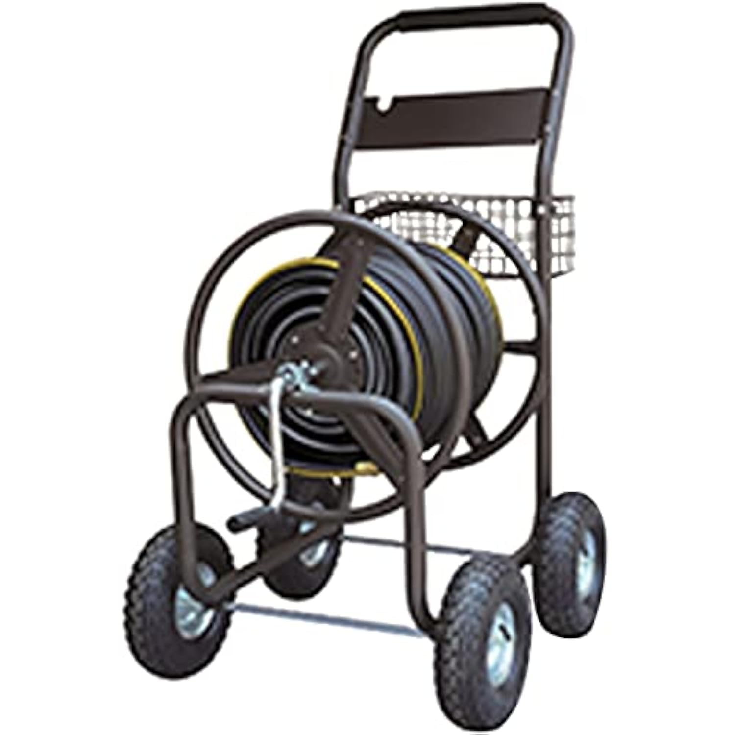 Rocky Mountain Goods Garden Hose Reel Cart - Holds up to 400 feet of 5/8” Hose - Slide Hose Guide System - Heavy Duty Metal Holder - 6 ft leader water hose included - Storage Basket - 10” Steel Wheels
