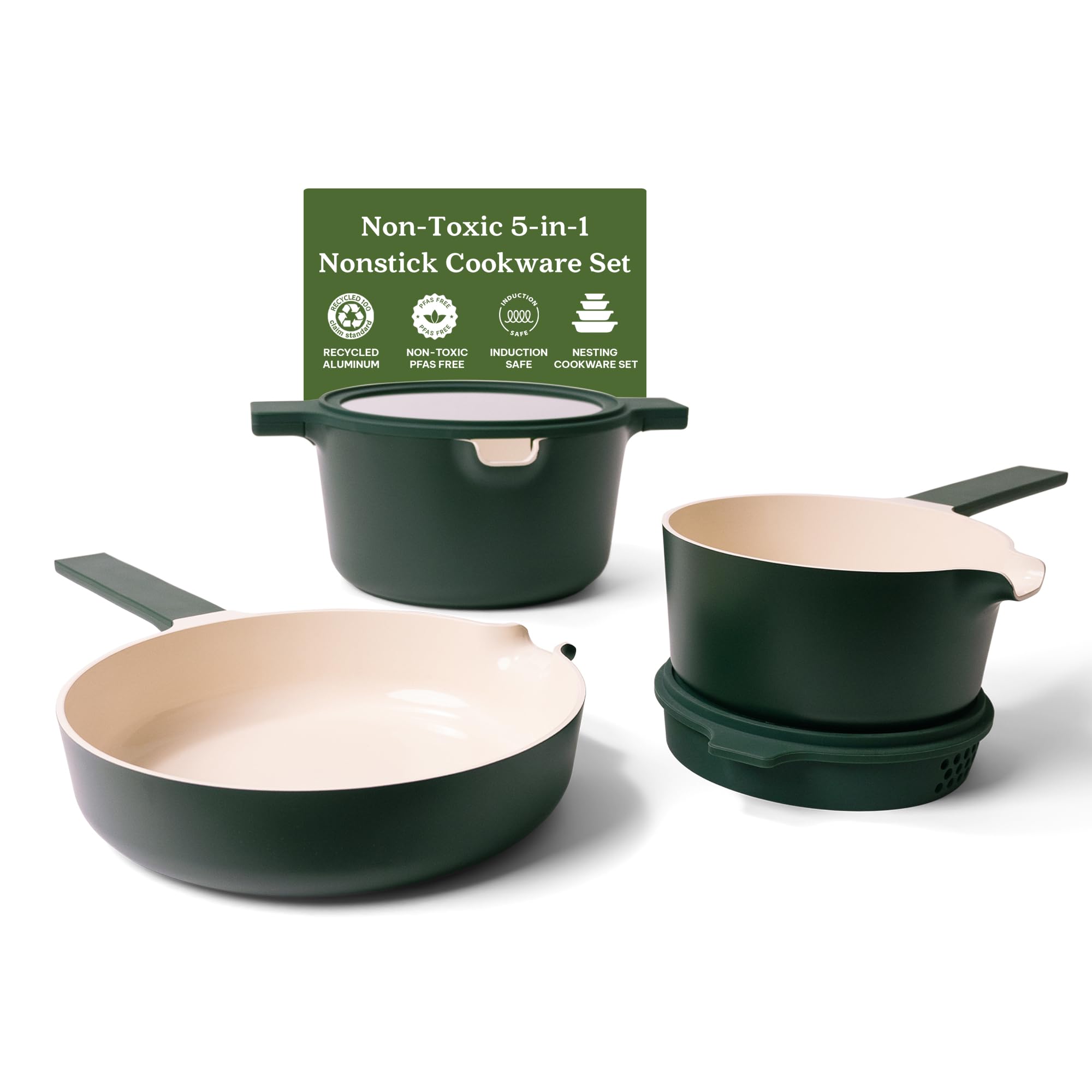 Alva Neat 5-in-1 Green Ceramic Nonstick Cookware Nesting Set, Recycled Aluminum Non-Toxic PFAS, PFOA & PTFE Free, Frying Pan, Cookware Set Compatible with All Cooktops & Induction Safe, Oven Safe