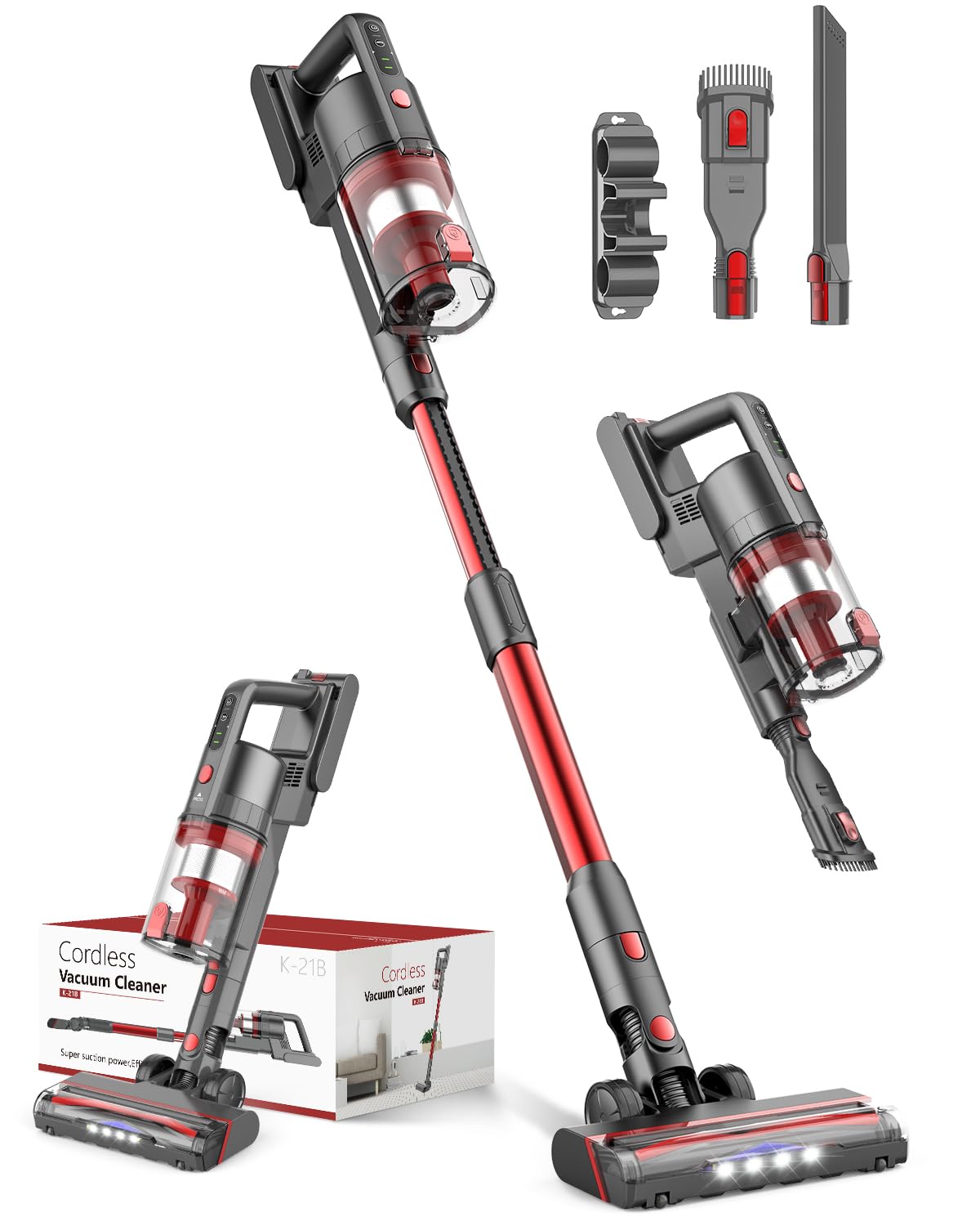 Cordless Vacuum Cleaner Rechargeable with 2200mAh Detachable Battery, Powerful Vacuums with 2 Adjustable Modes, Lightweight Portable Stick Vacuum for Home (Vermilion Red)