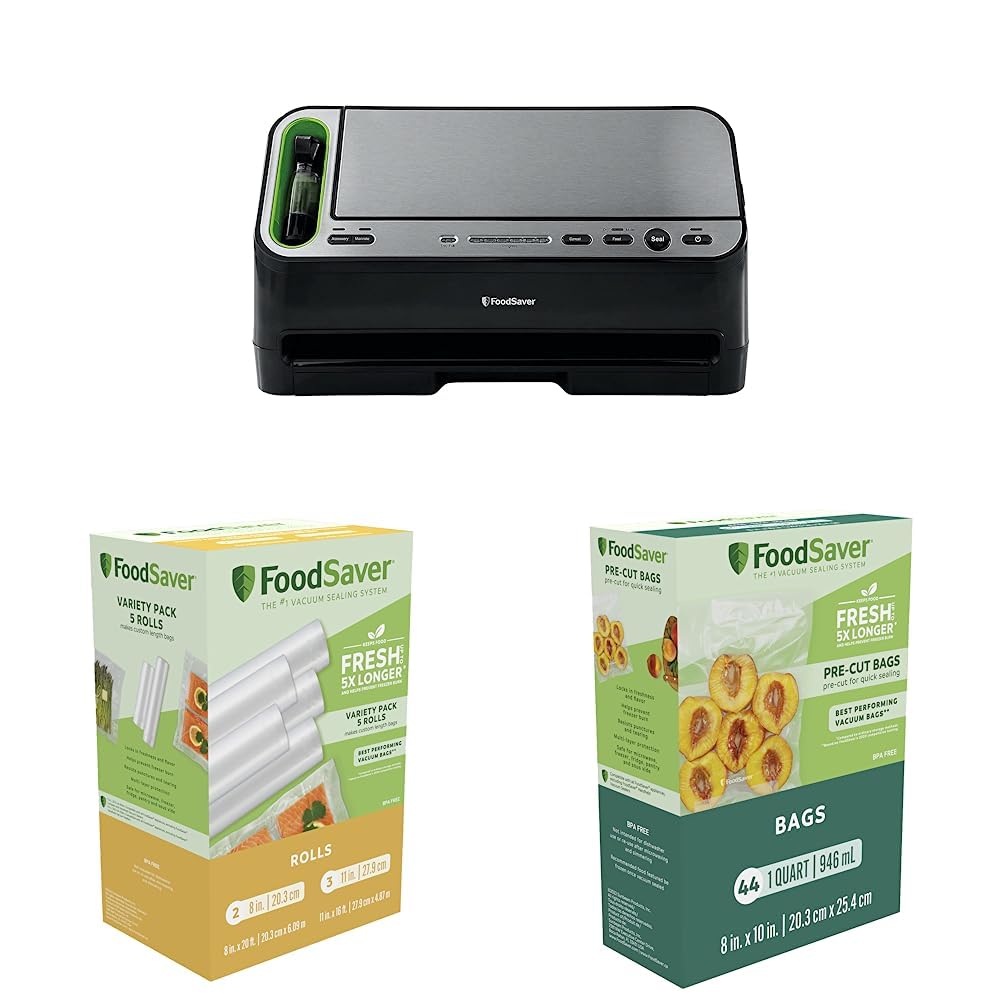 FoodSaver V4400 2-in-1 Vacuum Sealer Machine & FoodSaver Vacuum Sealer Bags & FoodSaver Vacuum Sealer Bags for Airtight Food Storage and Sous Vide, 1 Quart Precut Bags (44 Count)