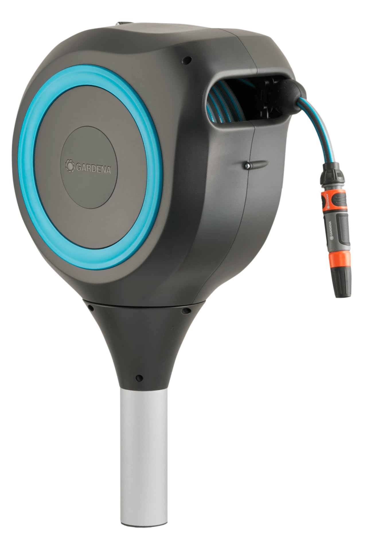 GARDENA (18614-80) 66' x 1/2" Automatic Retractable Garden Hose Reel on Metal Spike, 66' Outside Garden Hose Length, with 360° Rotation to Reach All Areas of Your Yard