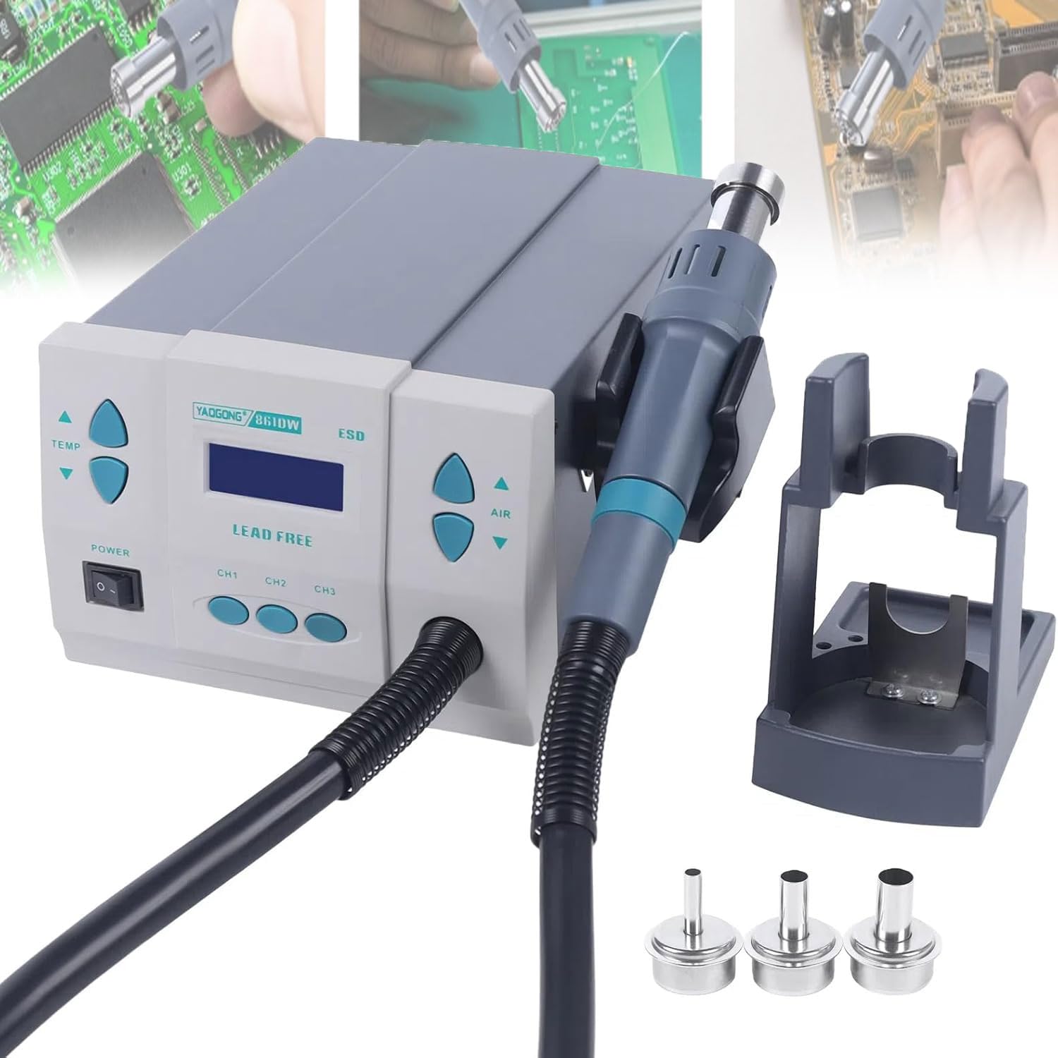 250cm/s Hot Air Soldering Station, 1000W Industry Rework Station with LCD Display, with 100℃-500℃ Adjustable Heat Gun&3pcs Nozzles, Brushless DC Vortex Blower, for Electronics Repairing&Desoldering