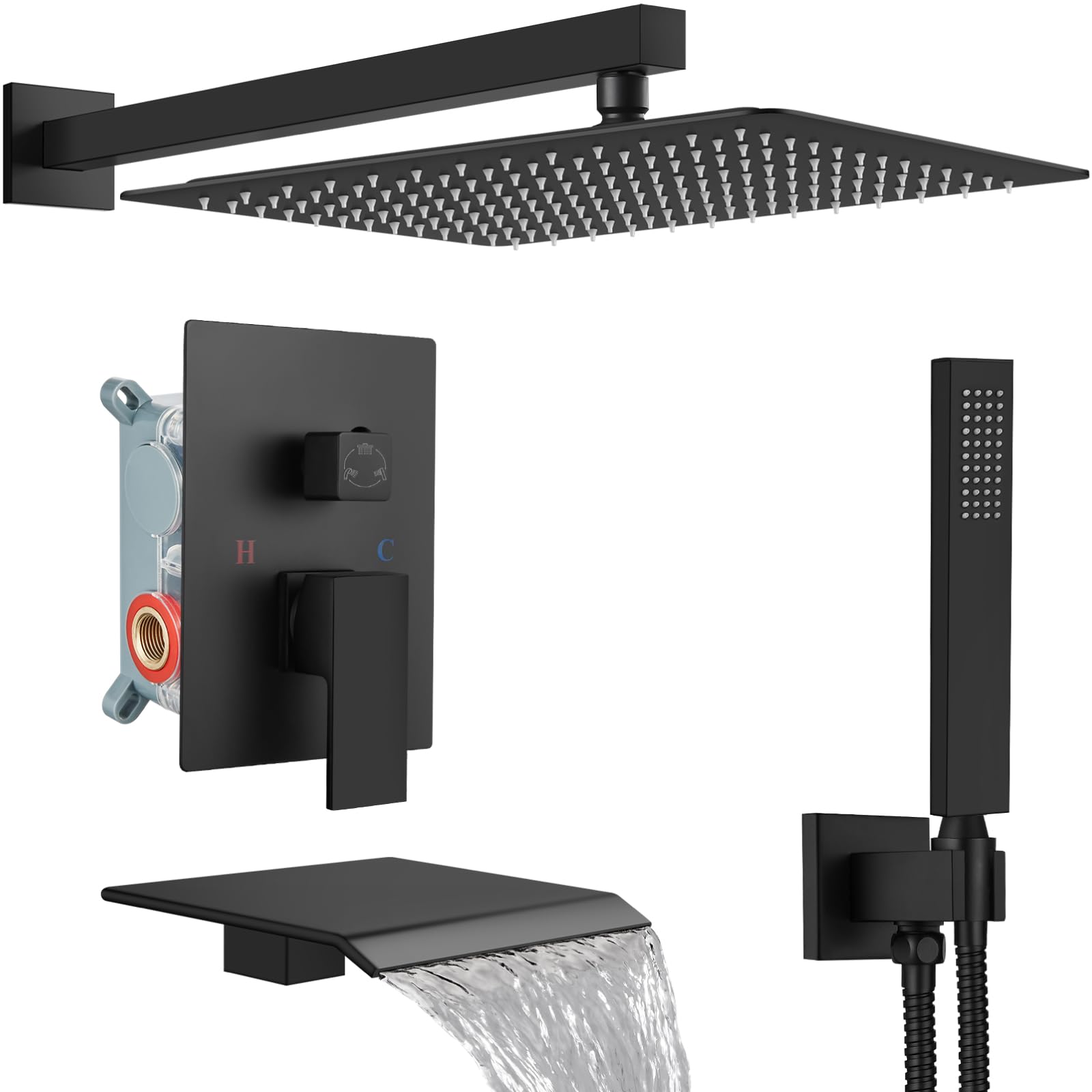 Midanya Rain Shower System Tub Shower Faucet Set Square Rainfall Head with Handheld Sprayer and Waterfall Tub Spout Rough-in Valve Included,16 Inch Matte Black