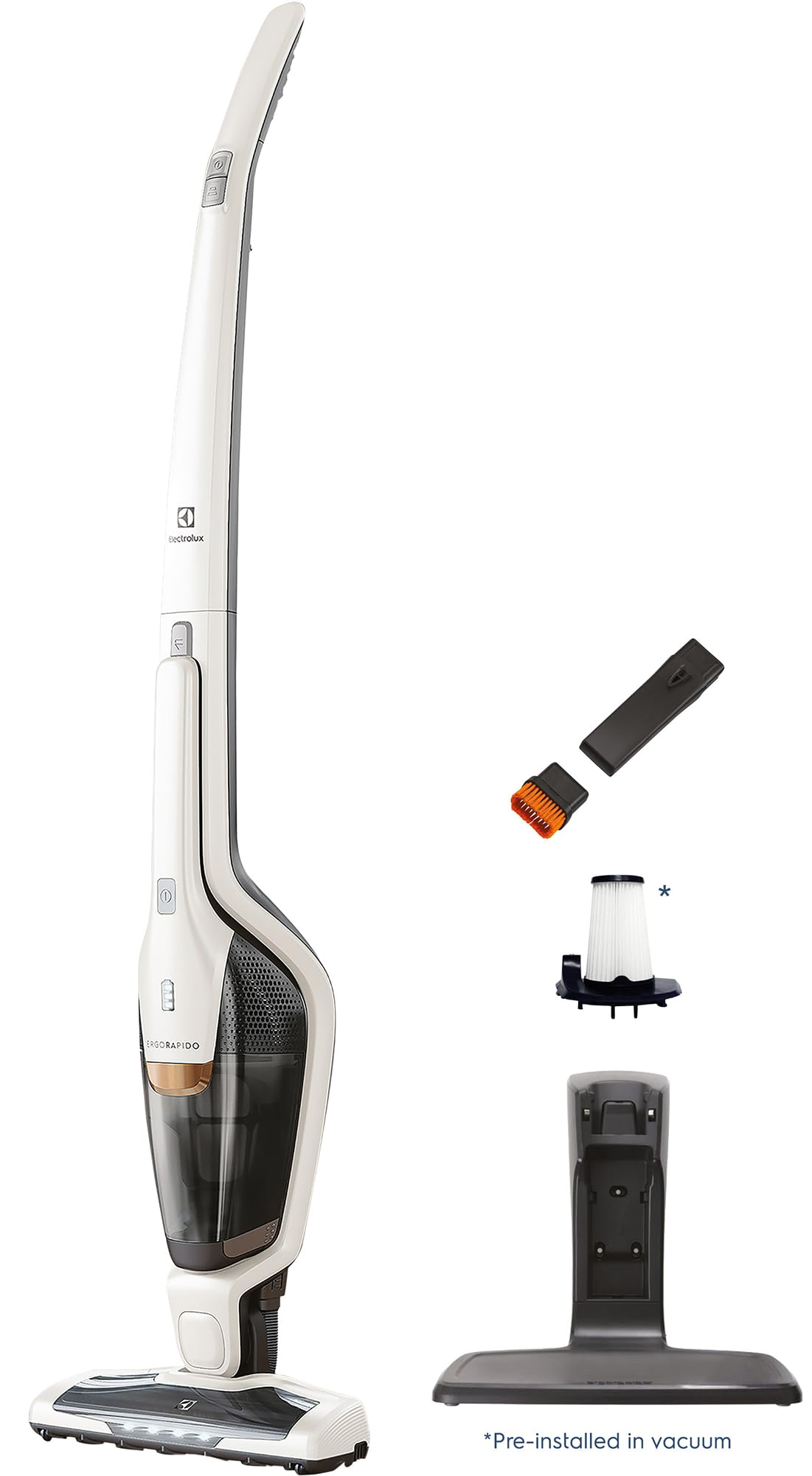 Electrolux Ergorapido Cordless 2-in-1 Vacuum Cleaner with High Suction Power and 180-Degree EasySteer Mobility, 48-Minute Run Time, 2 Power Modes, Satin White