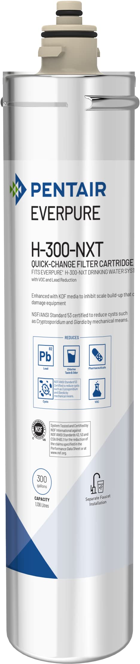 Pentair Everpure H-300-NXT Quick-Change Filter Cartridge, EV927441, For Use in Everpure H-300-NXT Drinking Water Systems, 300 Gallon Capacity, 0.5 Micron, Silver