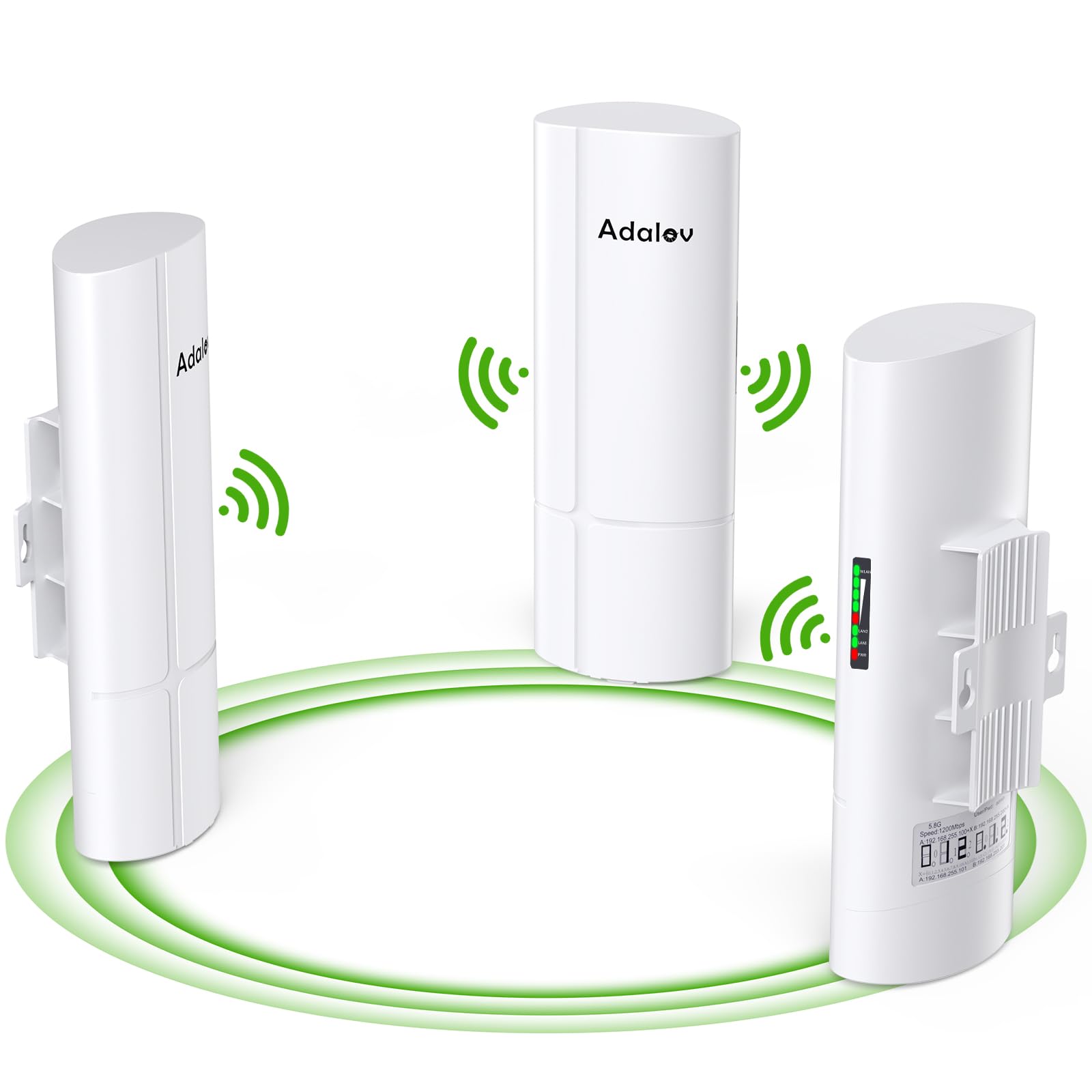 AdaLov 3PCS Wireless Bridge Kit, Gigabit Point to 2 Points Outdoor WiFi Bridges for 3Km Long Range Network Expansion, 5.8G High Speed WiFi to Ethernet CPE with 1000Mbps LAN Port for Garage, Barn, Farm