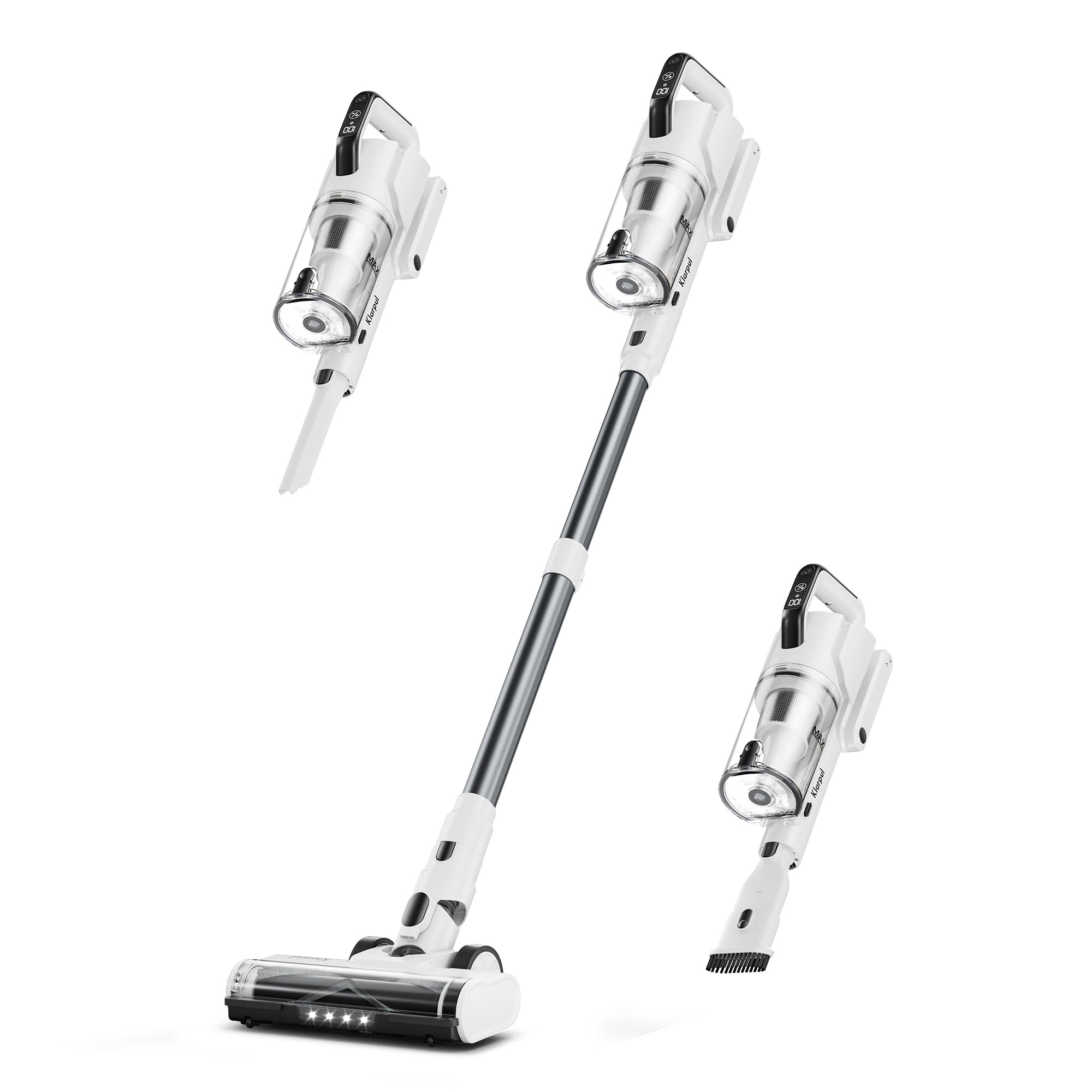 Klarpul Cordless Vacuum Cleaner, 500W 45KPA 2.5H Fast Charging 60 Mins Runtime Vacuum Cleaner, Self-Standing LED Light Touch Screen Stick Vacuum for Home Light Weight,for Pet Hair/Carpet/Floor, White