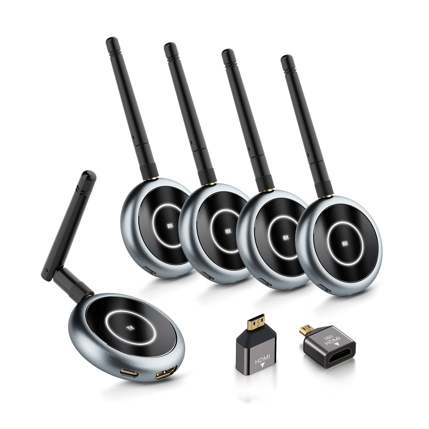 AIMIBO Wireless HDMI Transmitter and 4 Receivers, 5.8G @60Hz, Plug & Play HDMI Wireless Multiple TVs Extender for Streaming Video/Audio from Laptop, Camera, TV Box to TVs, Projectors, Monitors -165FT