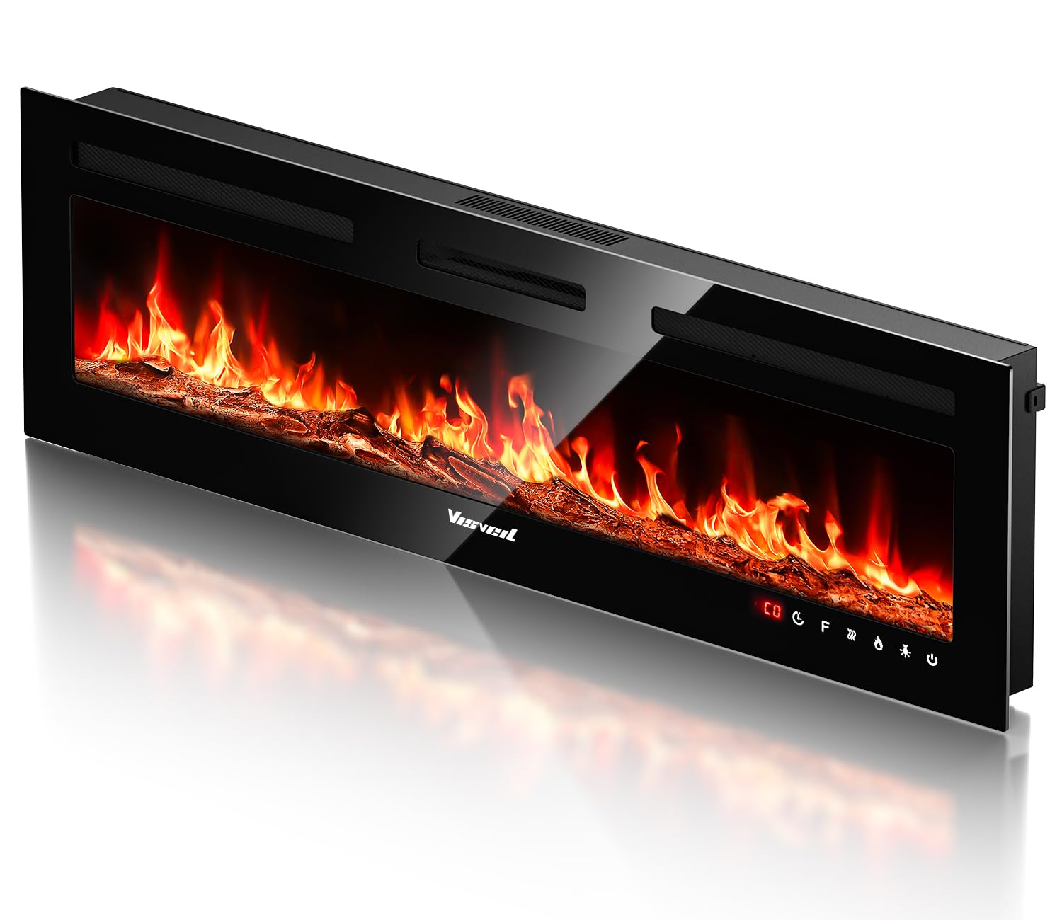 VISVEIL Electric Fireplace 60Inch,Realistic Flame Electric Fireplace Heater,Log Set,Crystal Flames 750-1500W with Timer Inserts,Wall Mounted,TV Stand Touch Screen & Remote for Living Room Easy Install