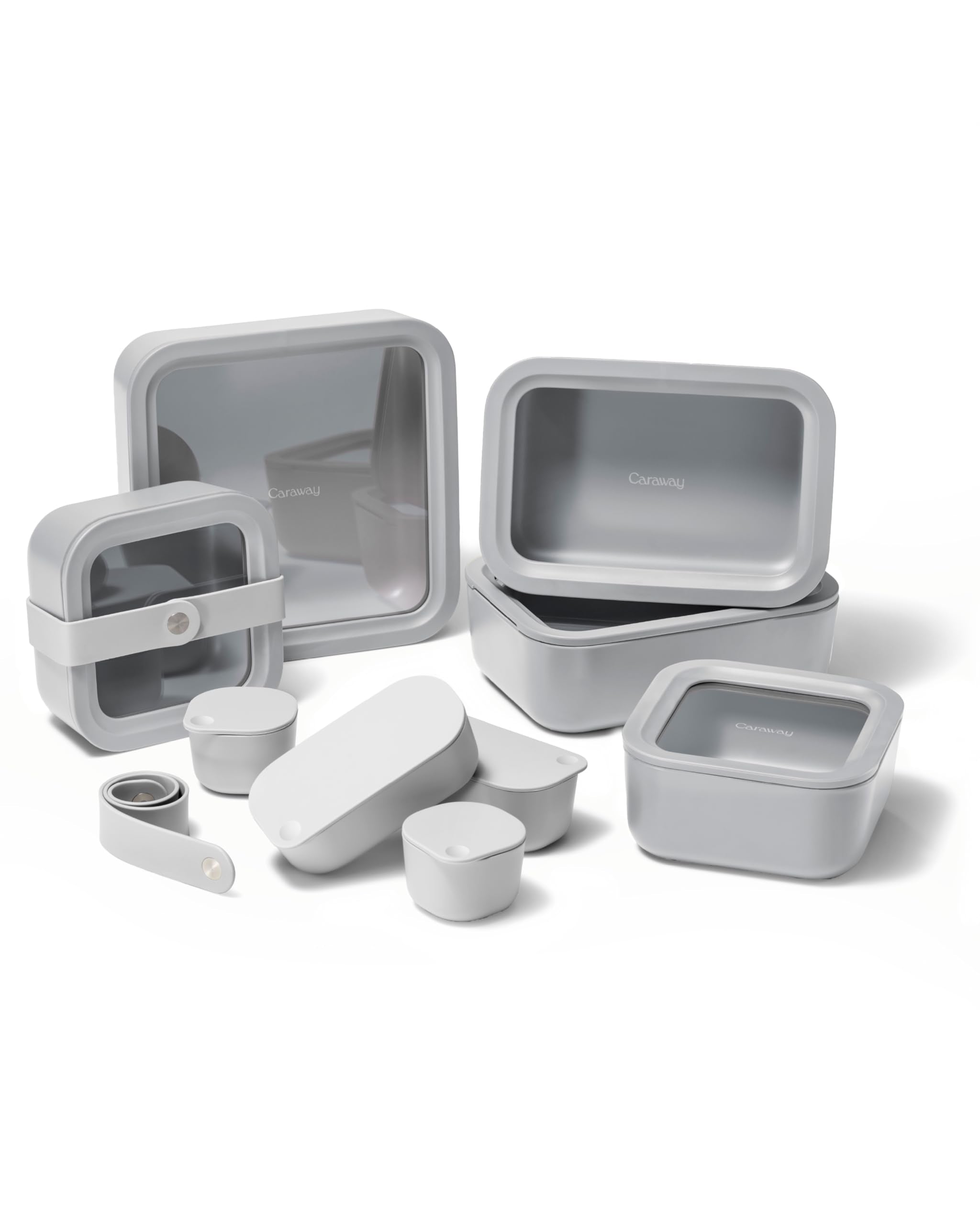Caraway 14pc Glass Food Storage Container Set - Easy to Store, Non Toxic Lunch Box - with Glass Lids - Includes Storage Organizer & Dot & Dash Inserts - Gray