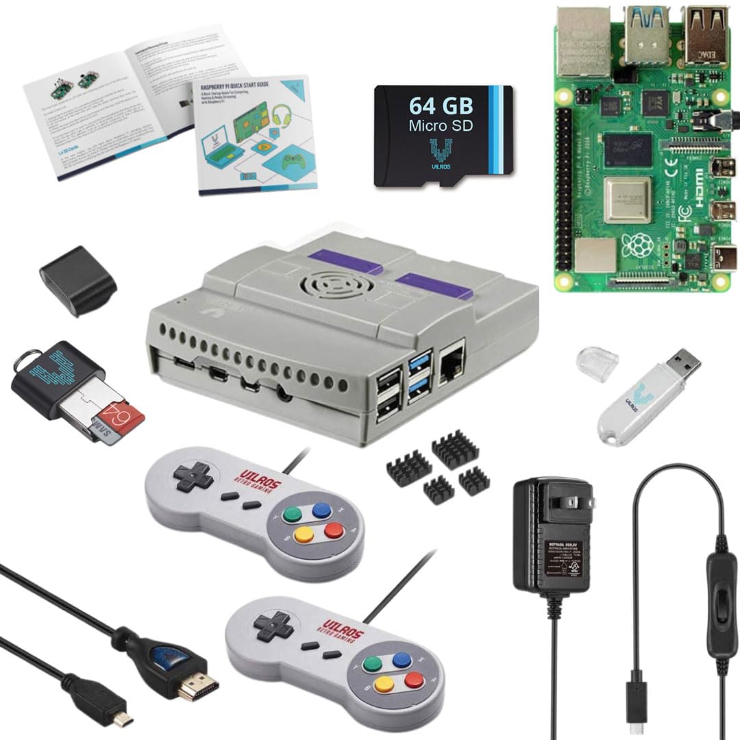 Vilros Raspberry Pi 4 8GB Gaming Kit - Retro Game Console with 2 SNES Style Gamepads, SNES Style Case, 32GB SD Card Preloaded with NOOBS, 8GB Flash Drive & Power Supply