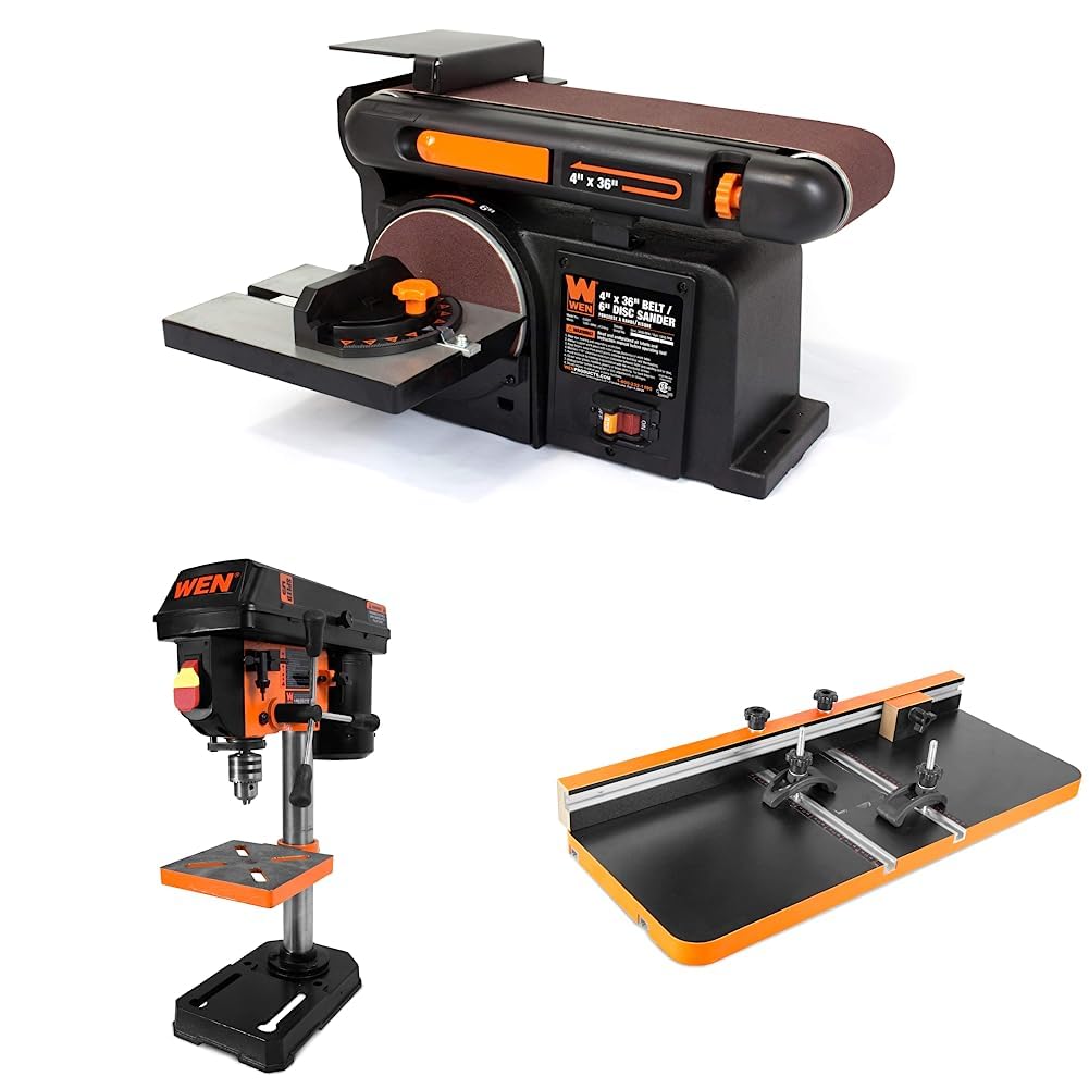 WEN 6502T 4.3-Amp 4 x 36 in. Belt and 6 in. Disc Sander & 4208T 2.3-Amp 8-Inch 5-Speed Cast Iron Benchtop Drill Press,Black/Orange & DPA2513 24-by-12-Inch Drill Press Table